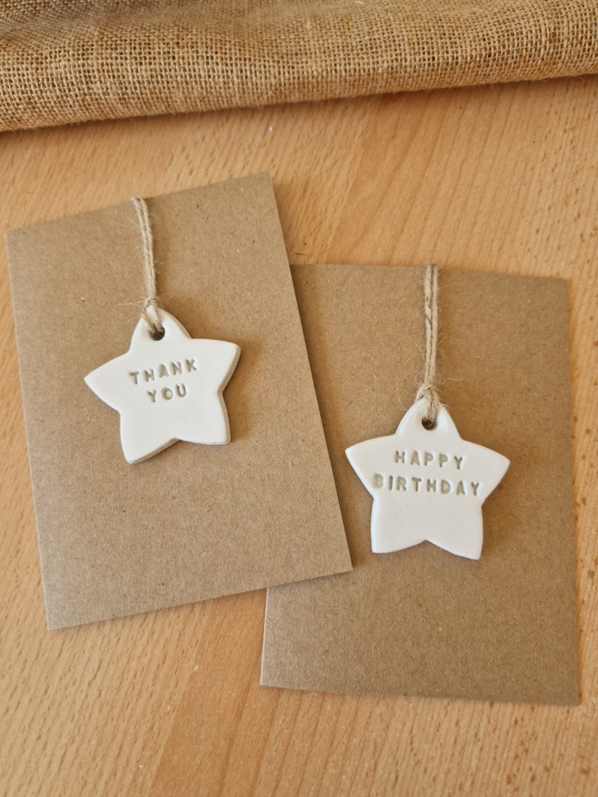 Thank you and Happy Birthday Caly Keepsake Cards, Polymer Clay star decoration personalised.