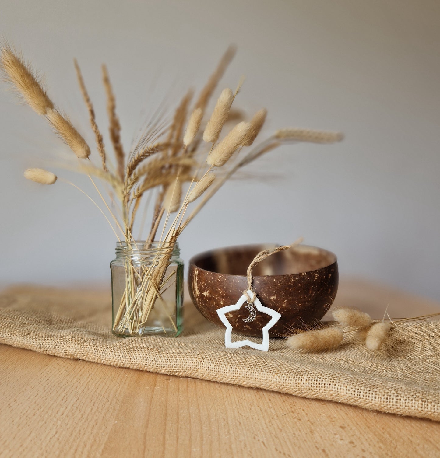 Clay star with Moon and star Silver Charm, Holiday Ornaments
