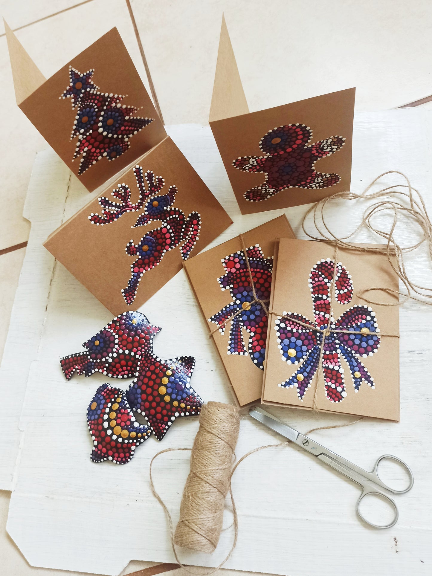 Hand painted Christmas Cards, Reindeer, Christmas Tree, ginger bread man, Snowman dot art, mandala painted kraft cards