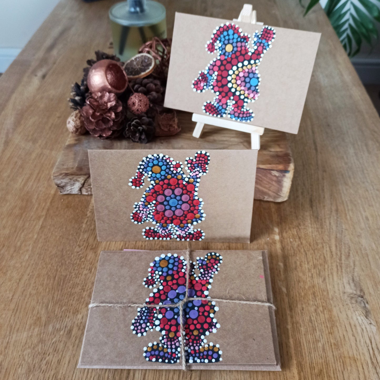 Hand Painted Vibrant Red and Blue Santa , Father Christmas and Christmas Present Christmas Cards. Festive Greetings Cards