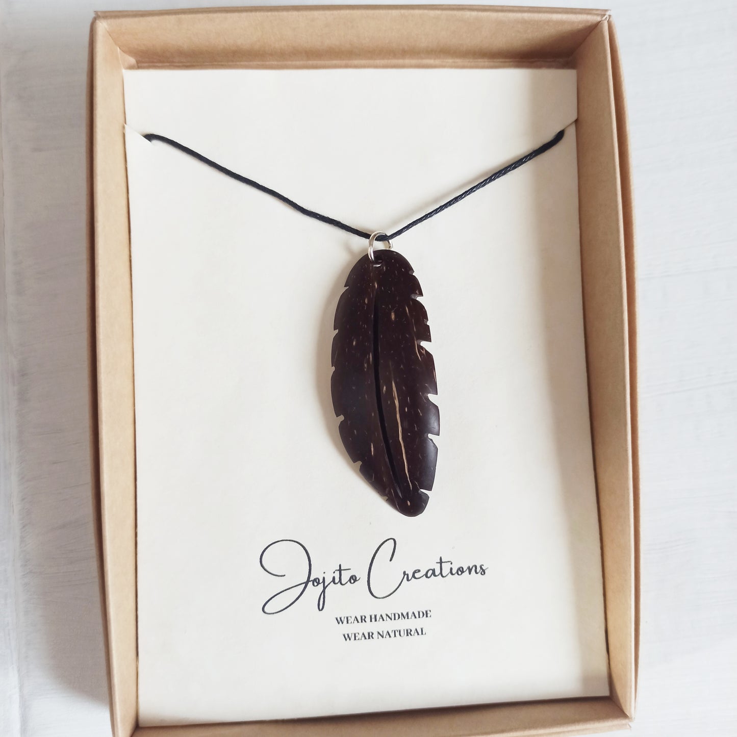 Coconut Shell Feather Pendant, Eco Friendly Jewellery