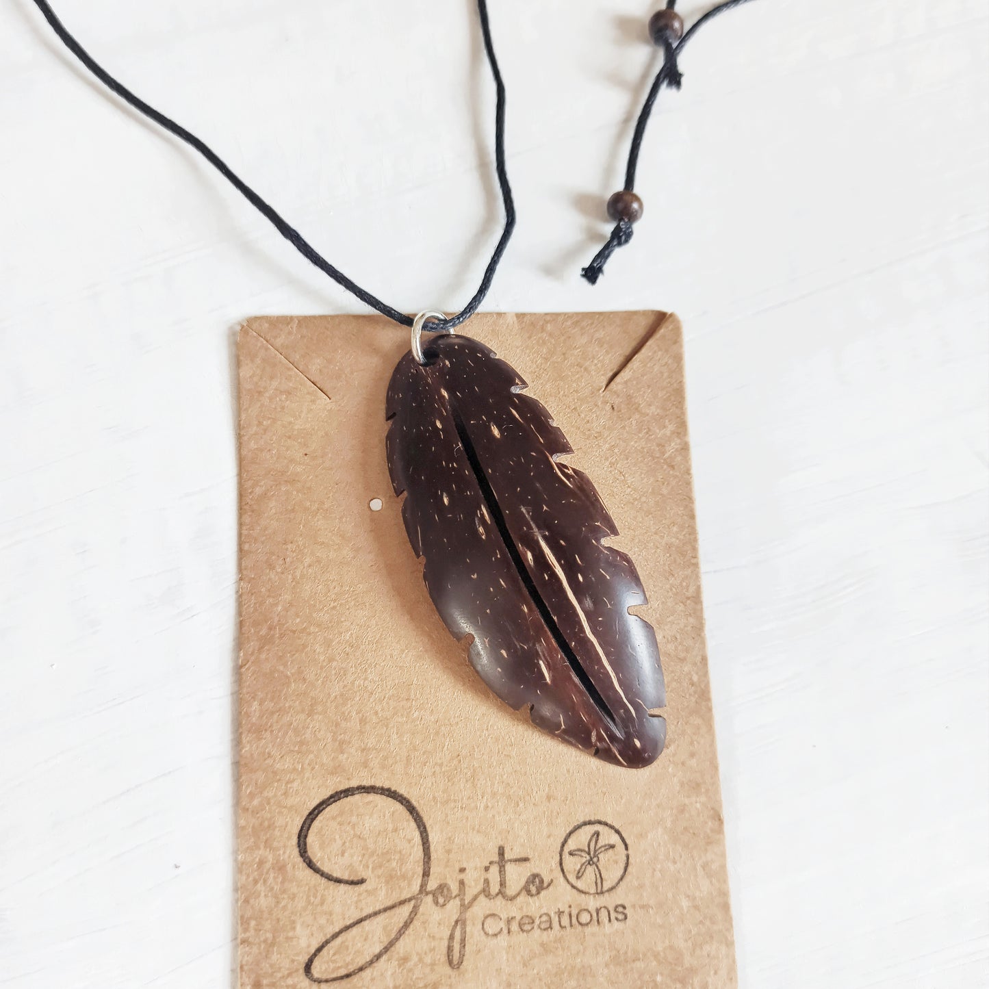 Coconut Shell Feather Pendant, Eco Friendly Jewellery