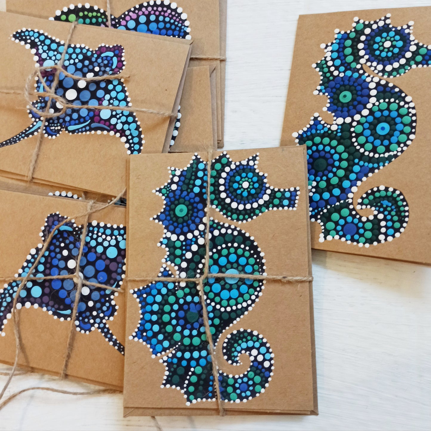 HandPainted Seahorse and Sting Ray Mandala painted Blue and Green dot Art Greetings Cards on Kraft Card