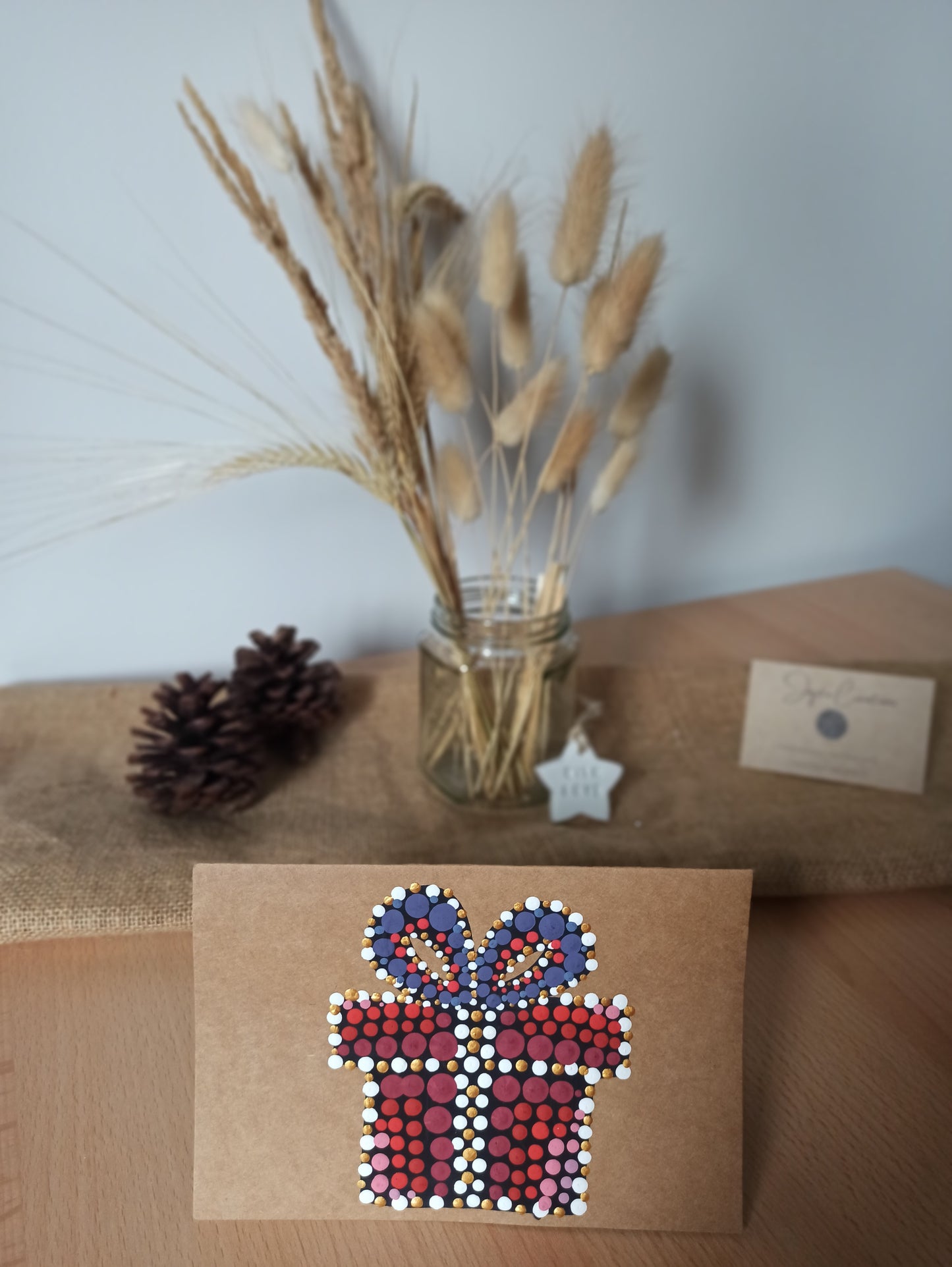 Hand Painted Christmas Present Christmas Card, Kraft Cards Hand Made with Dot art