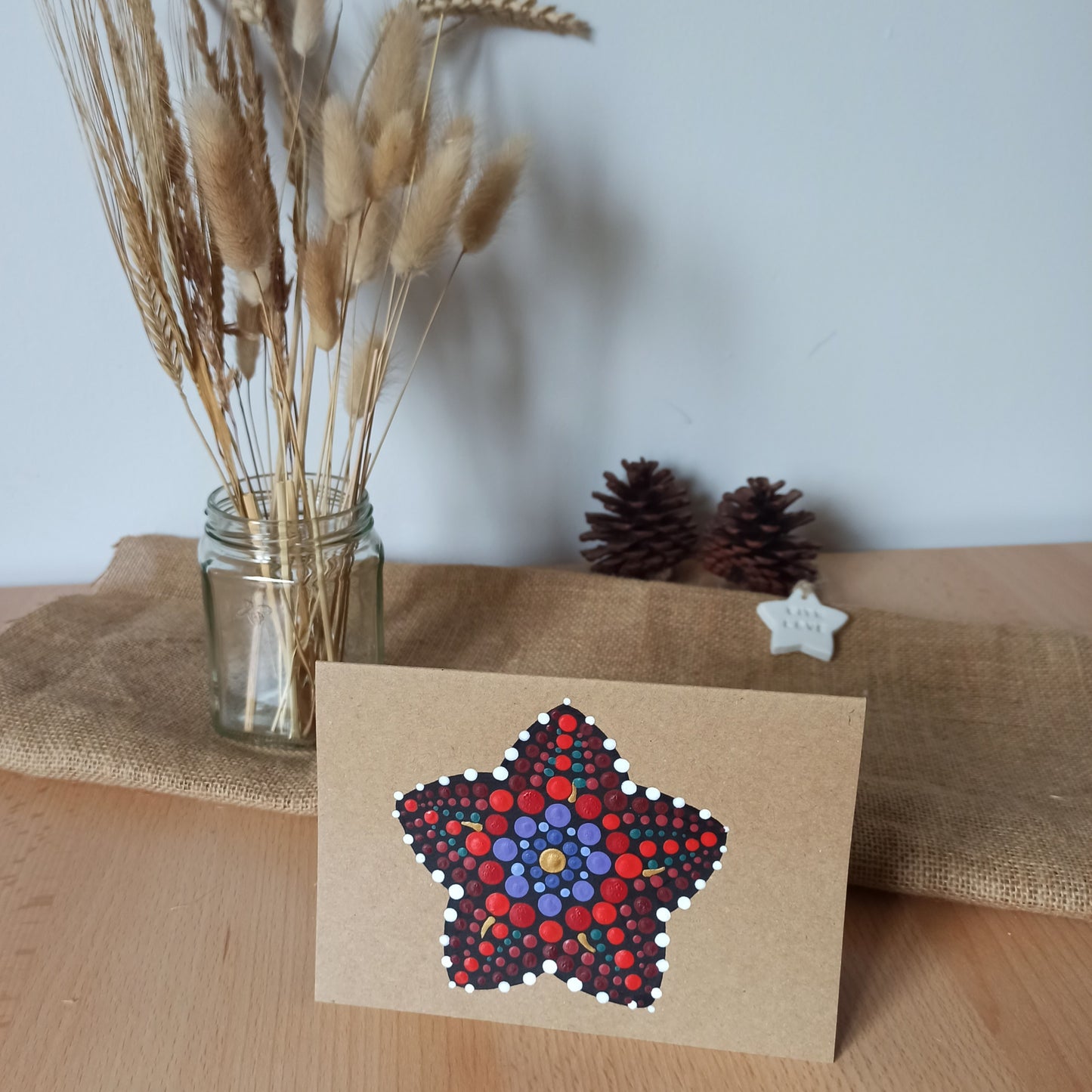 Red and Purple Hand Painted Dot Art painting on kraft card, greetings card for any occasion.