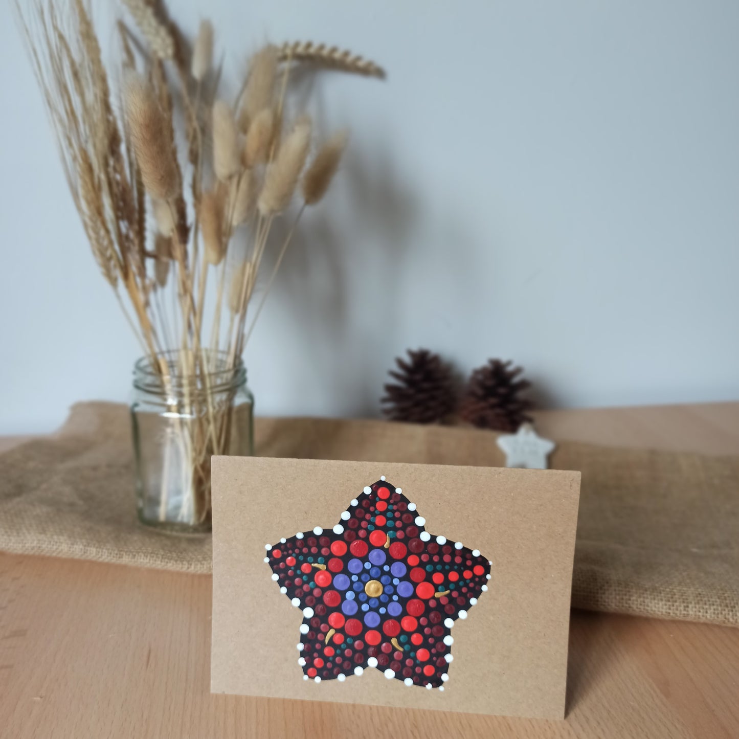 Red and Purple Hand Painted Dot Art painting on kraft card, greetings card for any occasion.