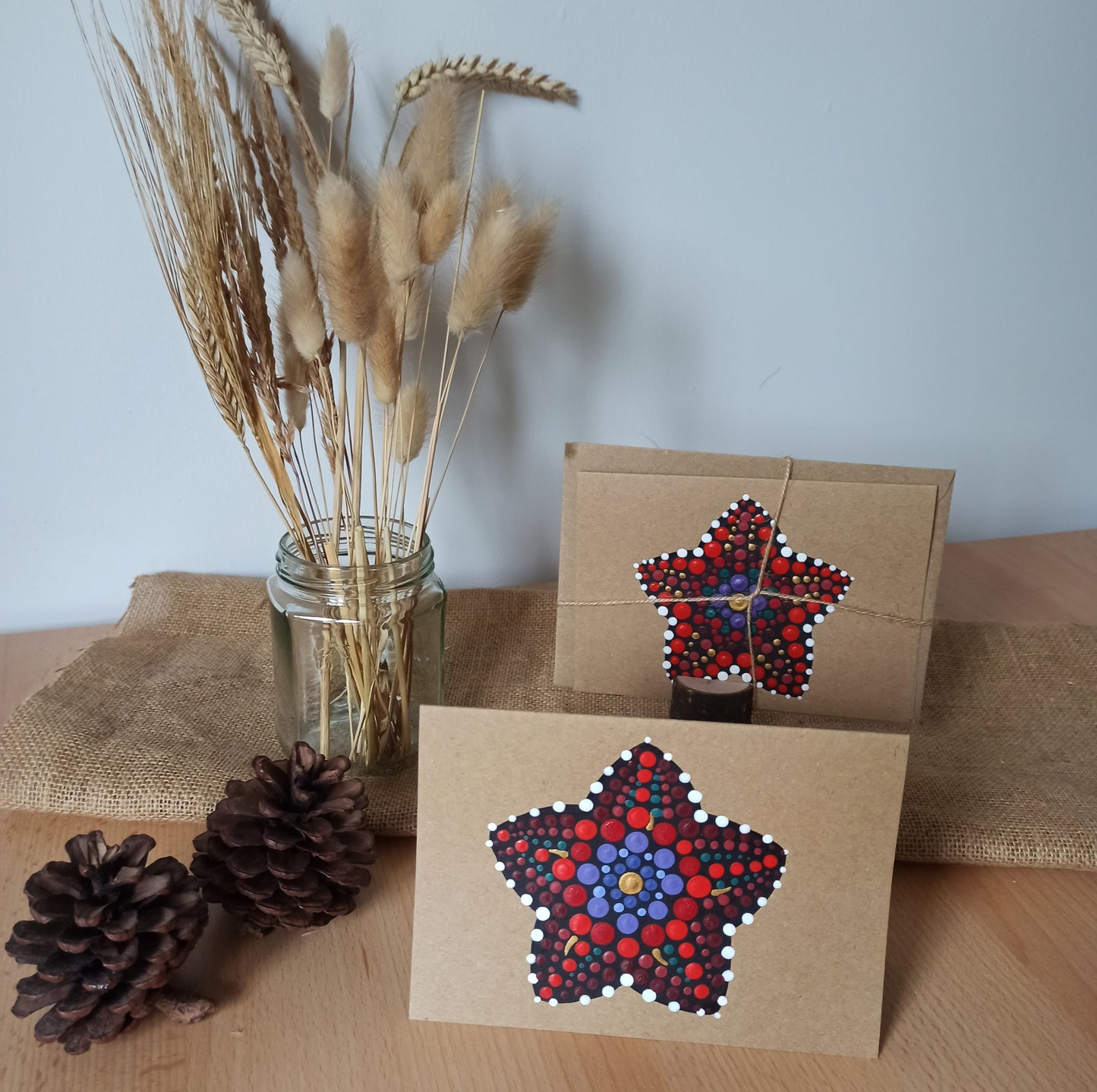 Red and Purple Hand Painted Dot Art painting on kraft card, greetings card for any occasion.