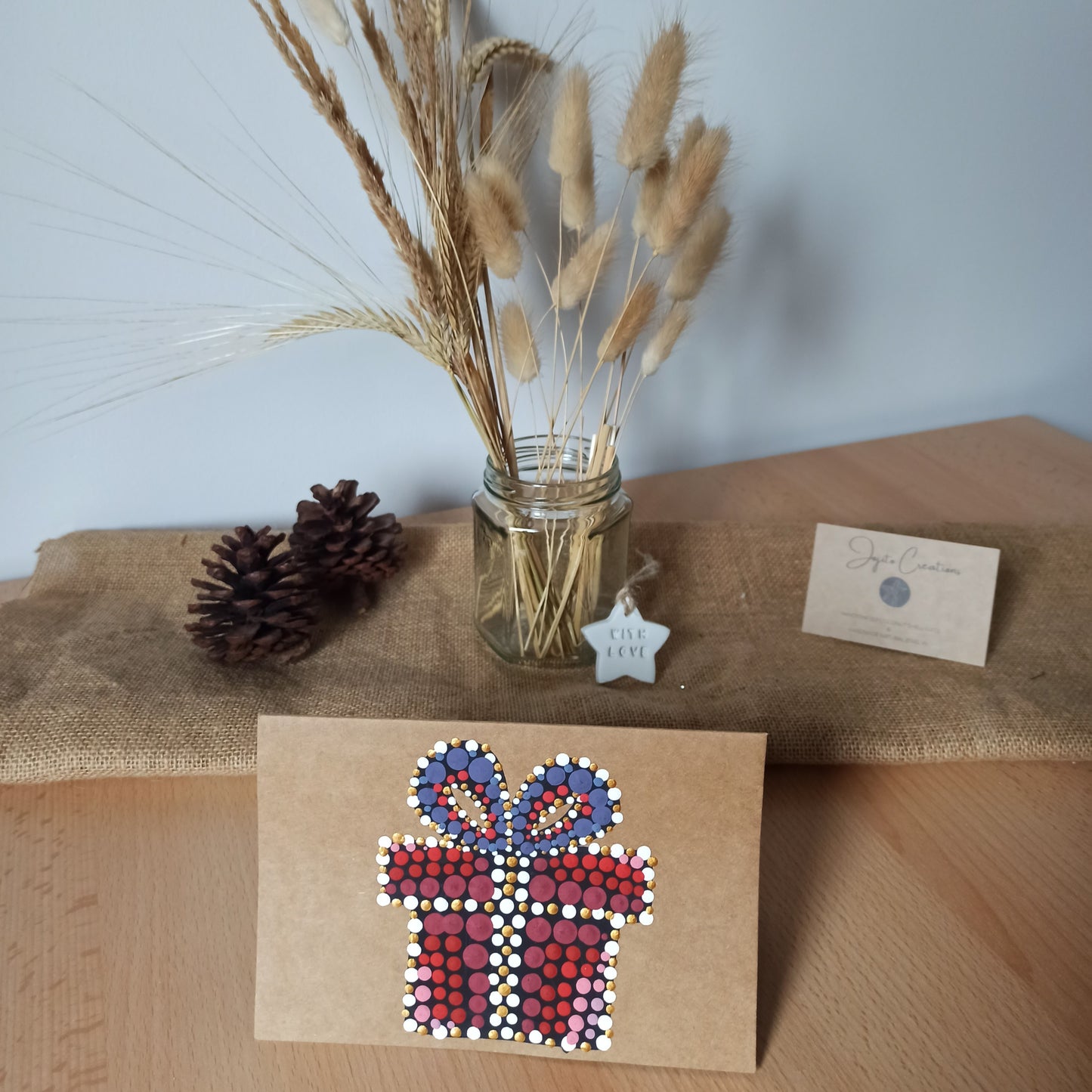 Hand Painted Christmas Present Christmas Card, Kraft Cards Hand Made with Dot art