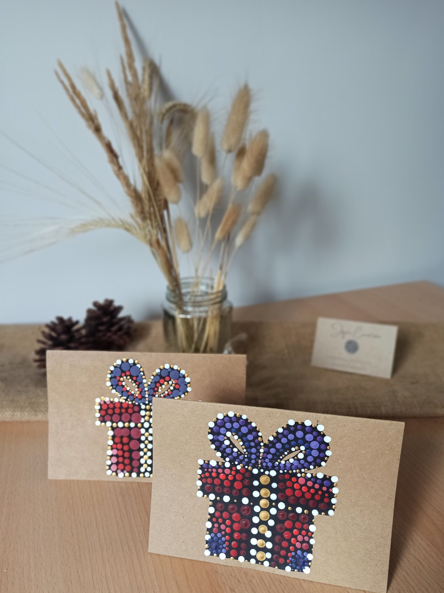Hand Painted Christmas Present Christmas Card, Kraft Cards Hand Made with Dot art
