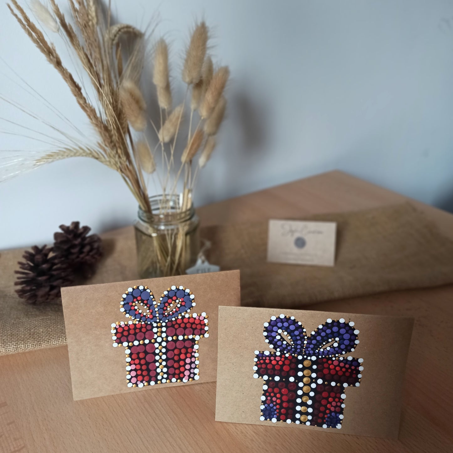 Hand Painted Christmas Present Christmas Card, Kraft Cards Hand Made with Dot art
