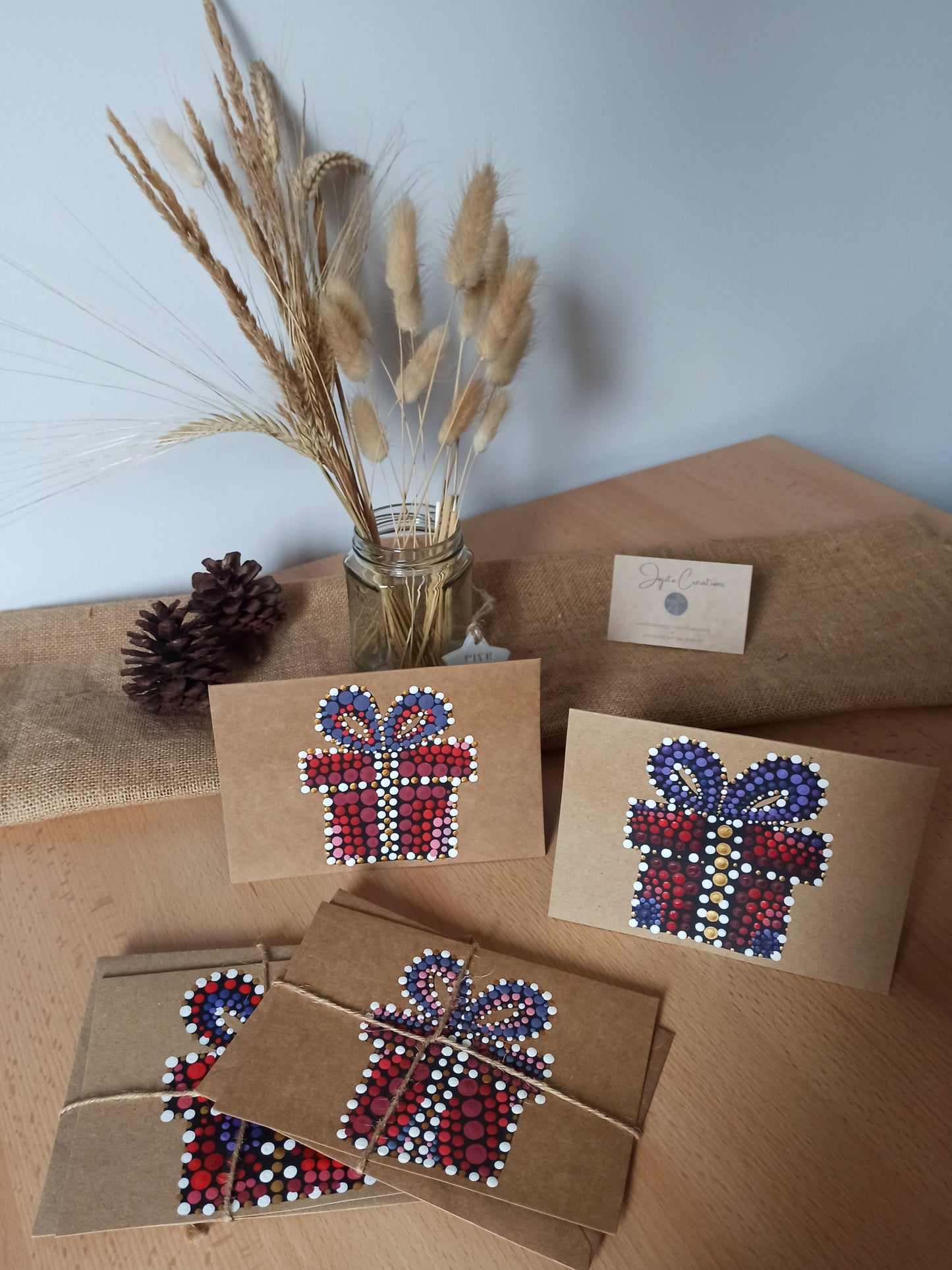 Hand Painted Christmas Present Christmas Card, Kraft Cards Hand Made with Dot art