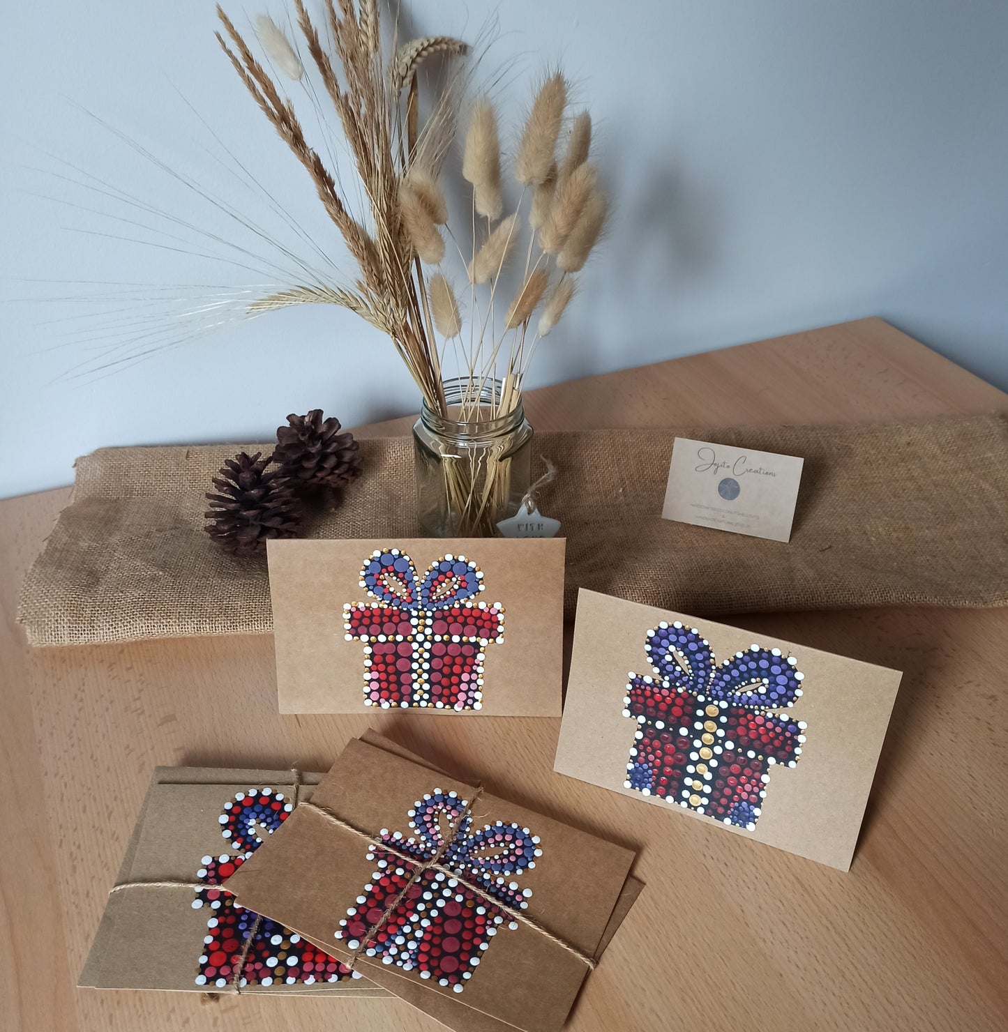 Hand Painted Christmas Present Christmas Card, Kraft Cards Hand Made with Dot art