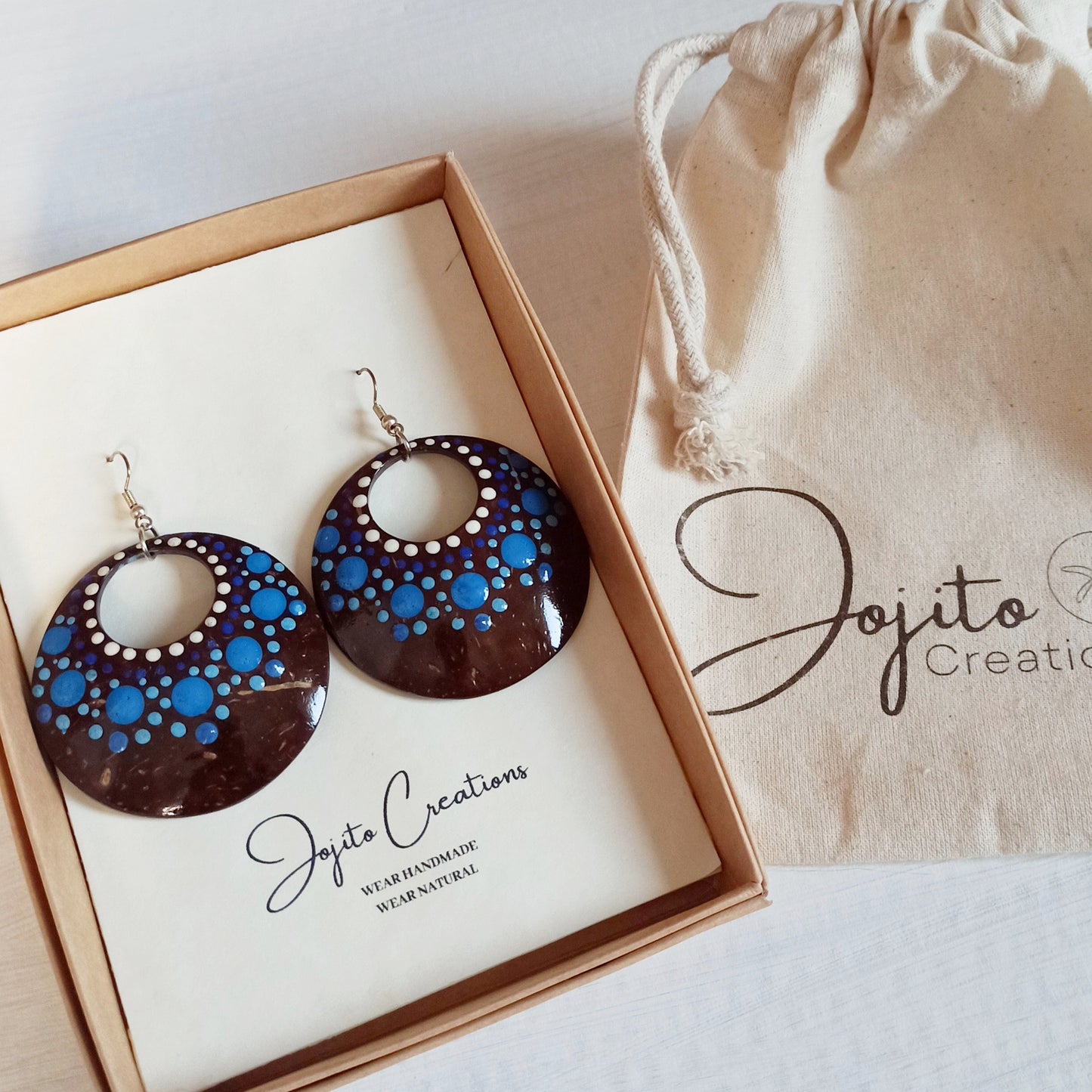 Coconut Shell Earrings Coconut Jewellery Hand painted Earrings Dot art Mandala jewellery Natural jewelry Eco Friendly Fashion, Blue Earrings