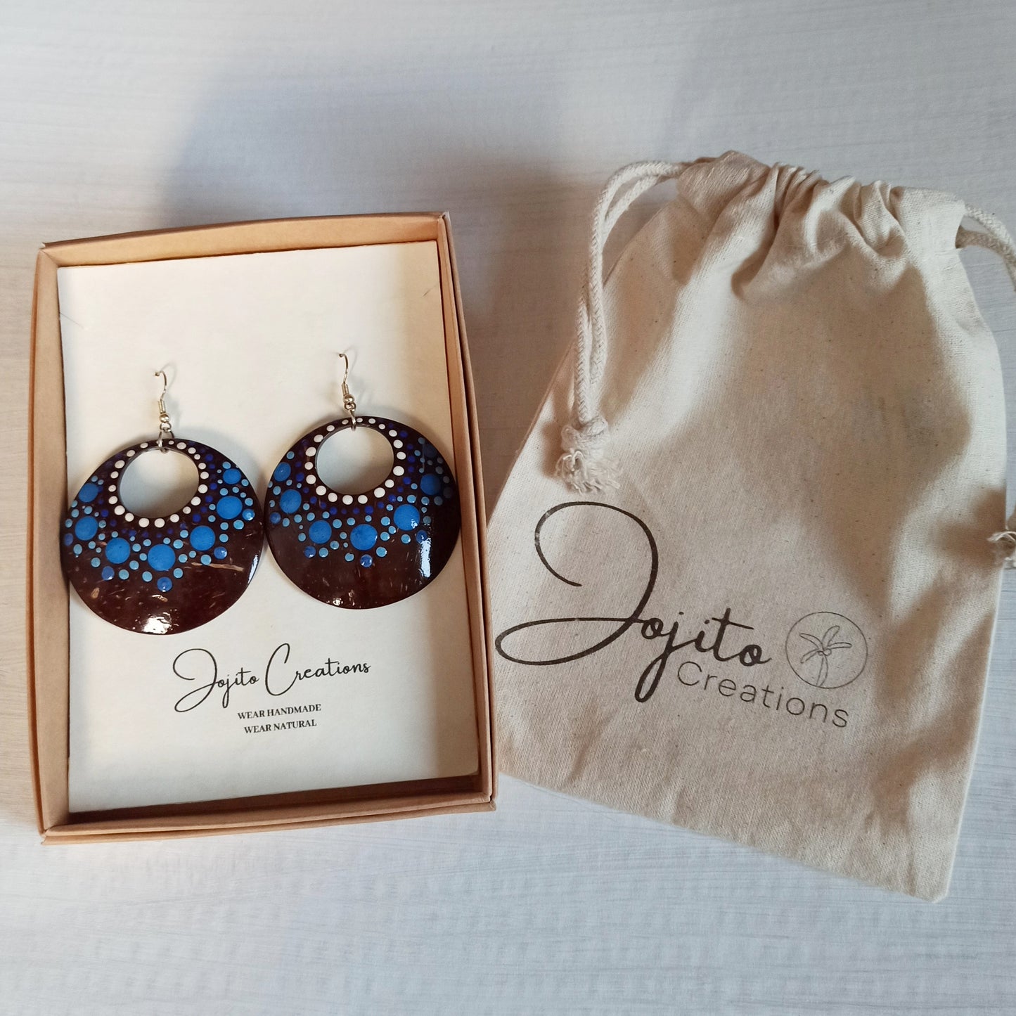 Coconut Shell Earrings Coconut Jewellery Hand painted Earrings Dot art Mandala jewellery Natural jewelry Eco Friendly Fashion, Blue Earrings