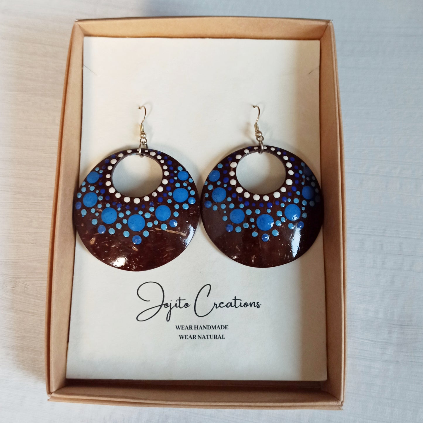 Coconut Shell Earrings Coconut Jewellery Hand painted Earrings Dot art Mandala jewellery Natural jewelry Eco Friendly Fashion, Blue Earrings