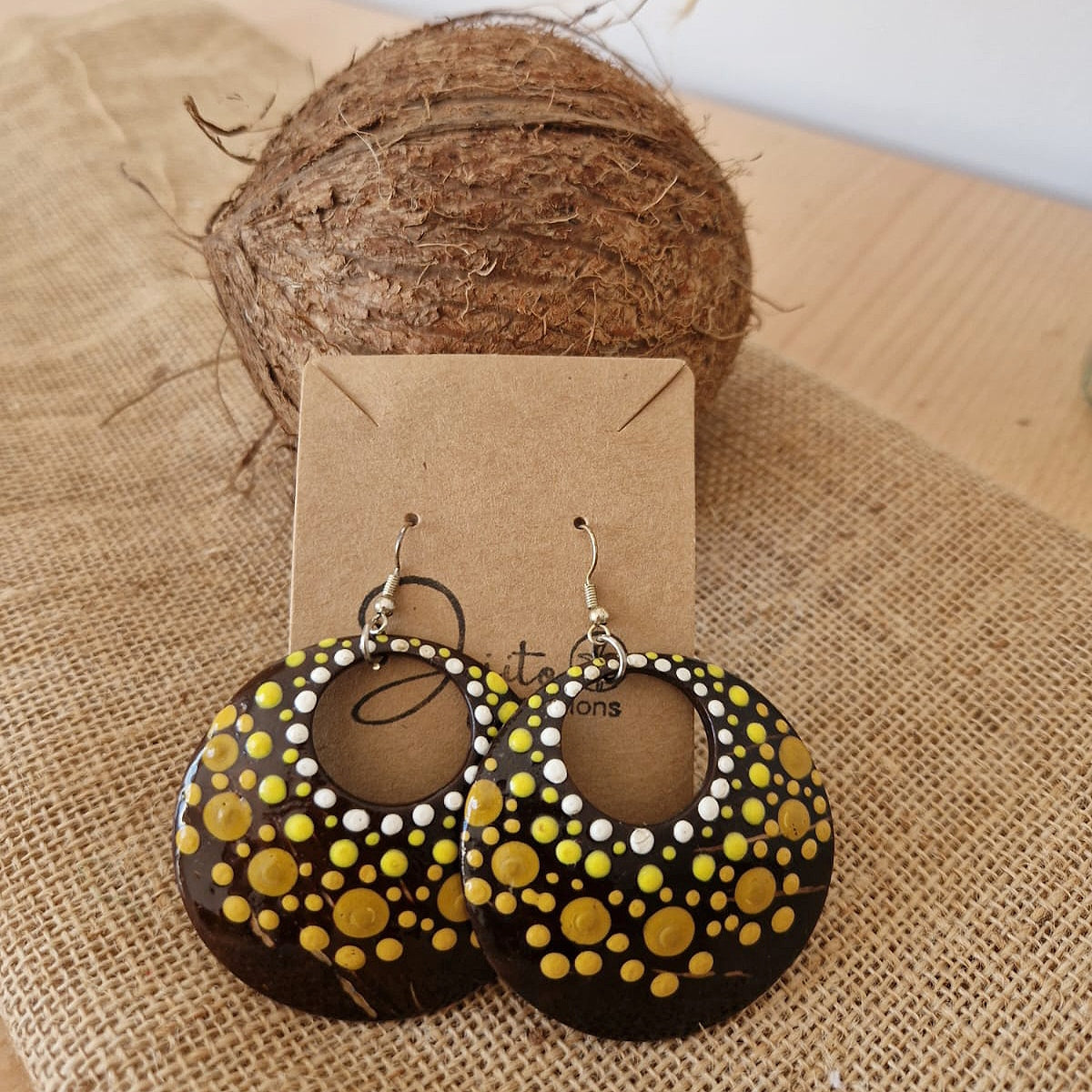Hand Painted Coconut Yellow Hoop Earrings