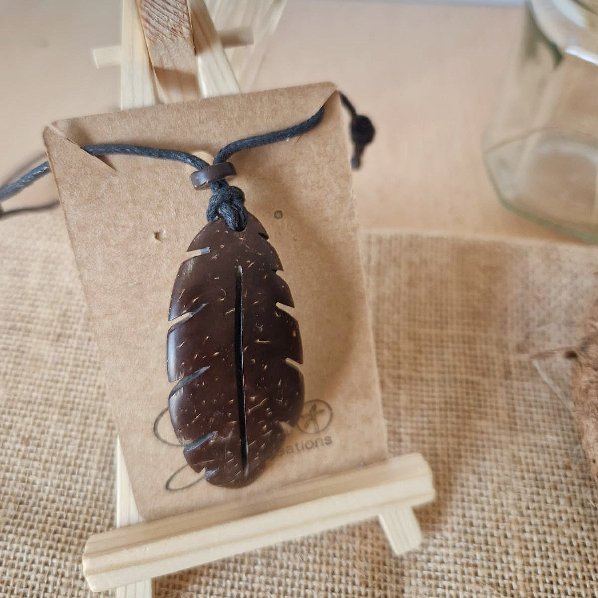 Coconut Shell Feather Pendant, Eco Friendly Jewellery, Unisex Pendant