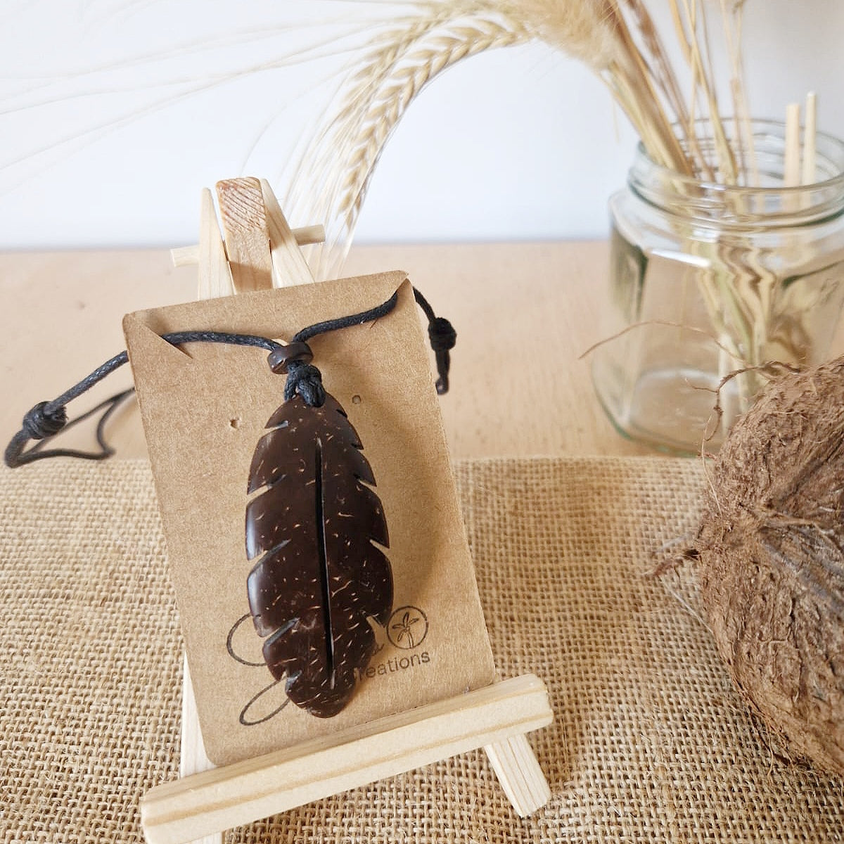 Coconut Shell Feather Pendant, Eco Friendly Jewellery, Unisex Pendant