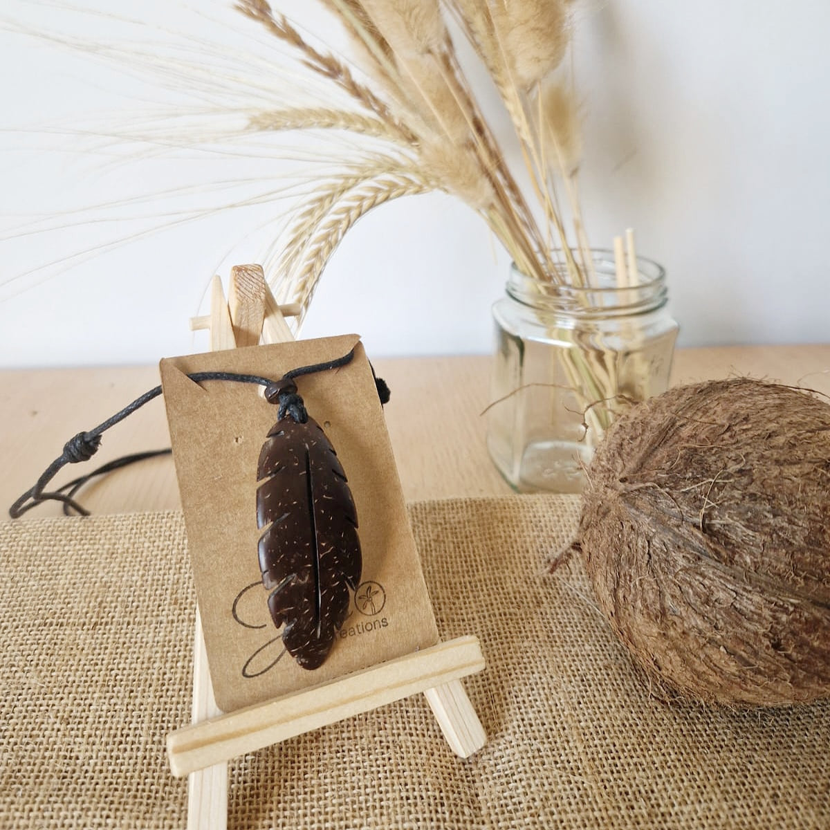 Coconut Shell Feather Pendant, Eco Friendly Jewellery, Unisex Pendant