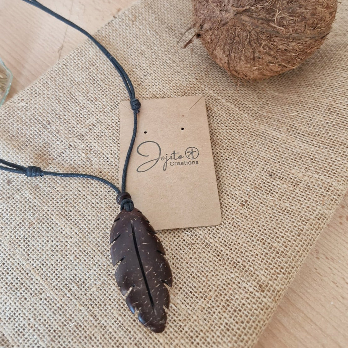 Coconut Shell Feather Pendant, Eco Friendly Jewellery, Unisex Pendant