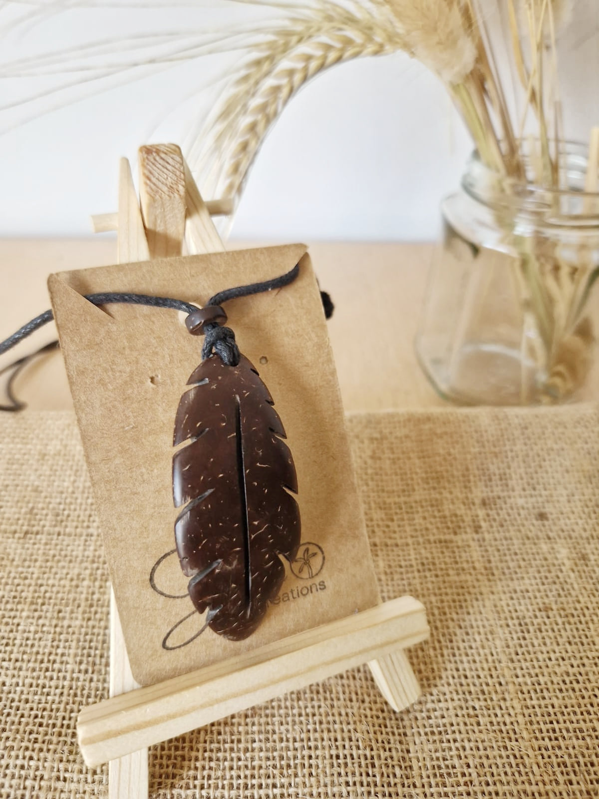 Coconut Shell Feather Pendant, Eco Friendly Jewellery, Unisex Pendant