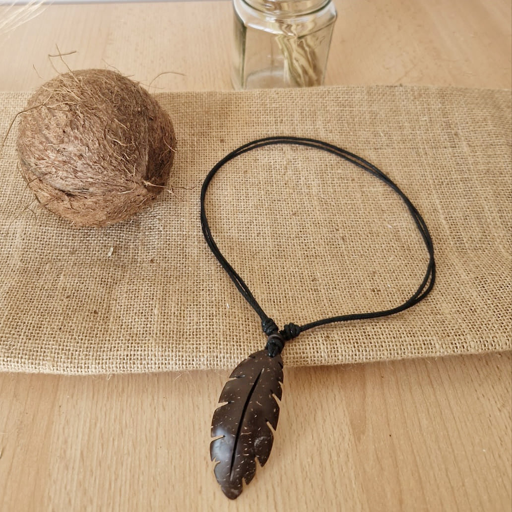 Coconut Shell Feather Pendant, Eco Friendly Jewellery, Unisex Pendant
