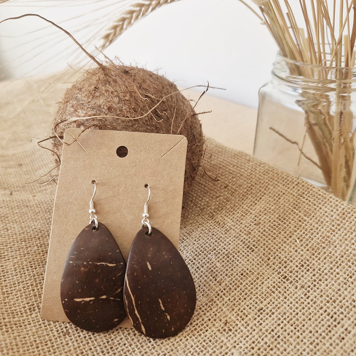 Coconut Shell Teardrop Earrings