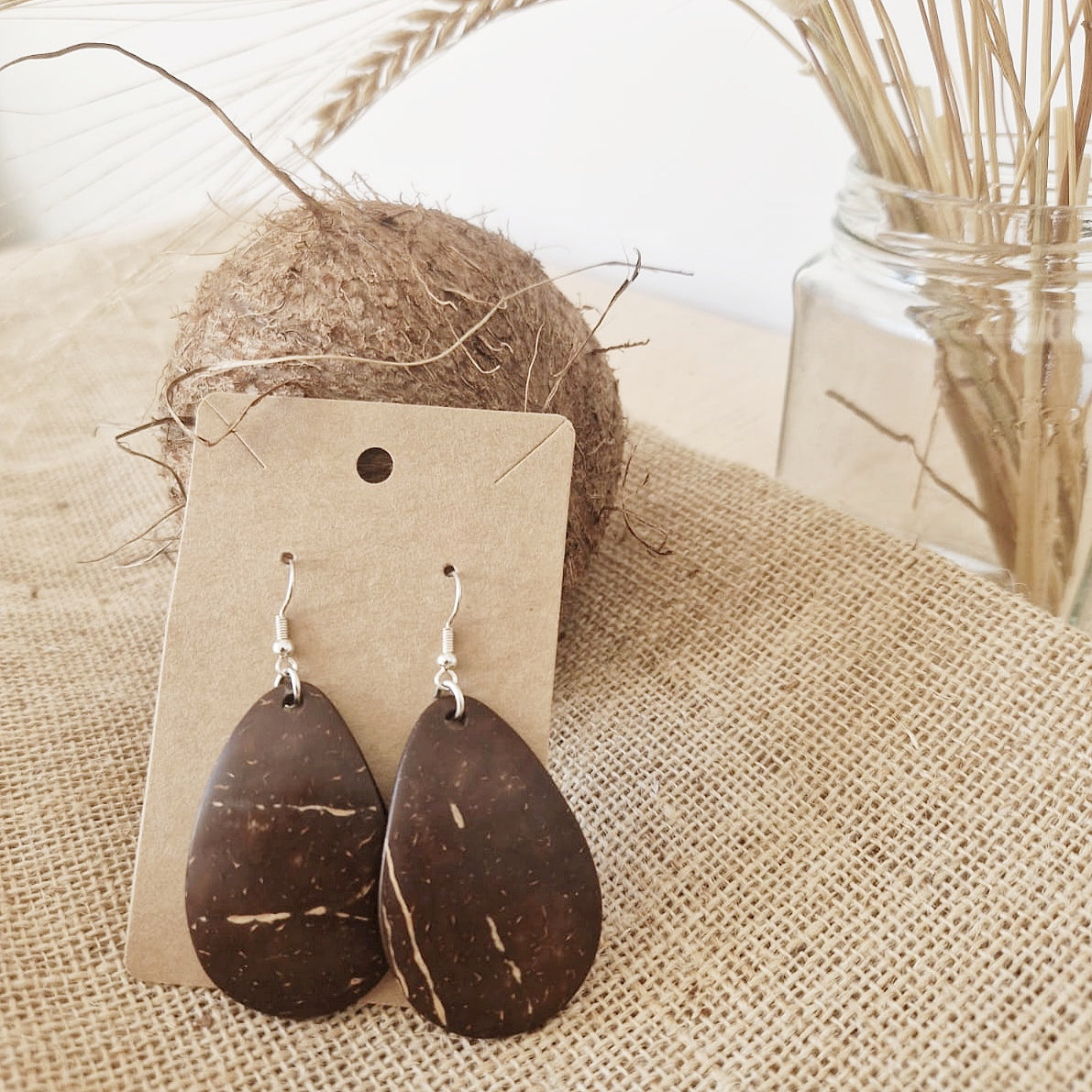 Coconut Shell Teardrop Earrings