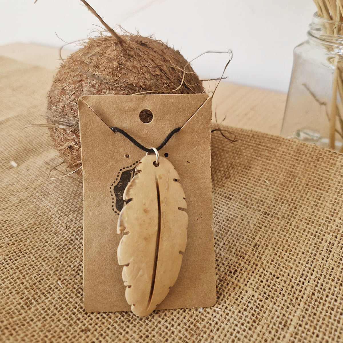 White Coconut Shell Feather Pendant Necklace