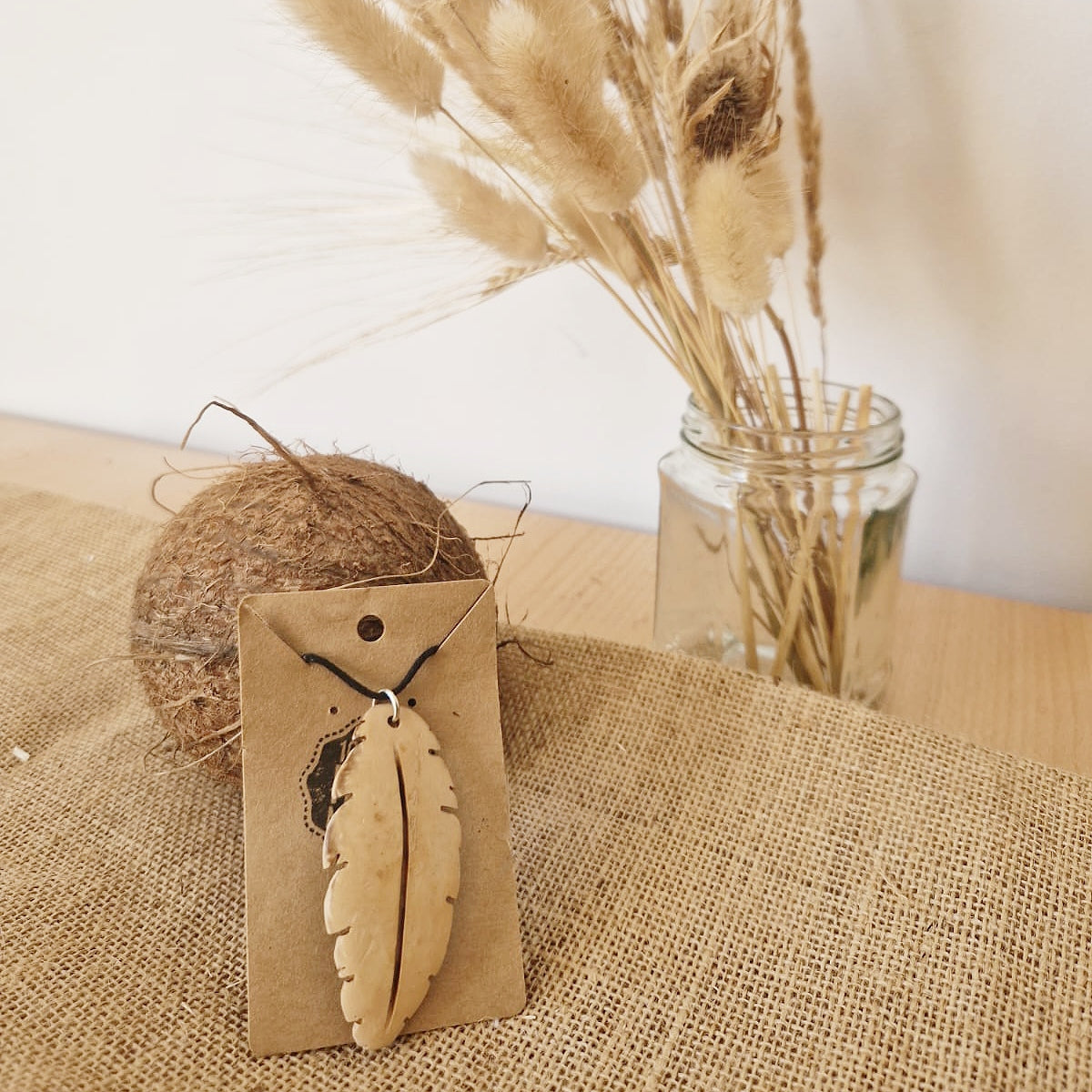 White Coconut Shell Feather Pendant Necklace