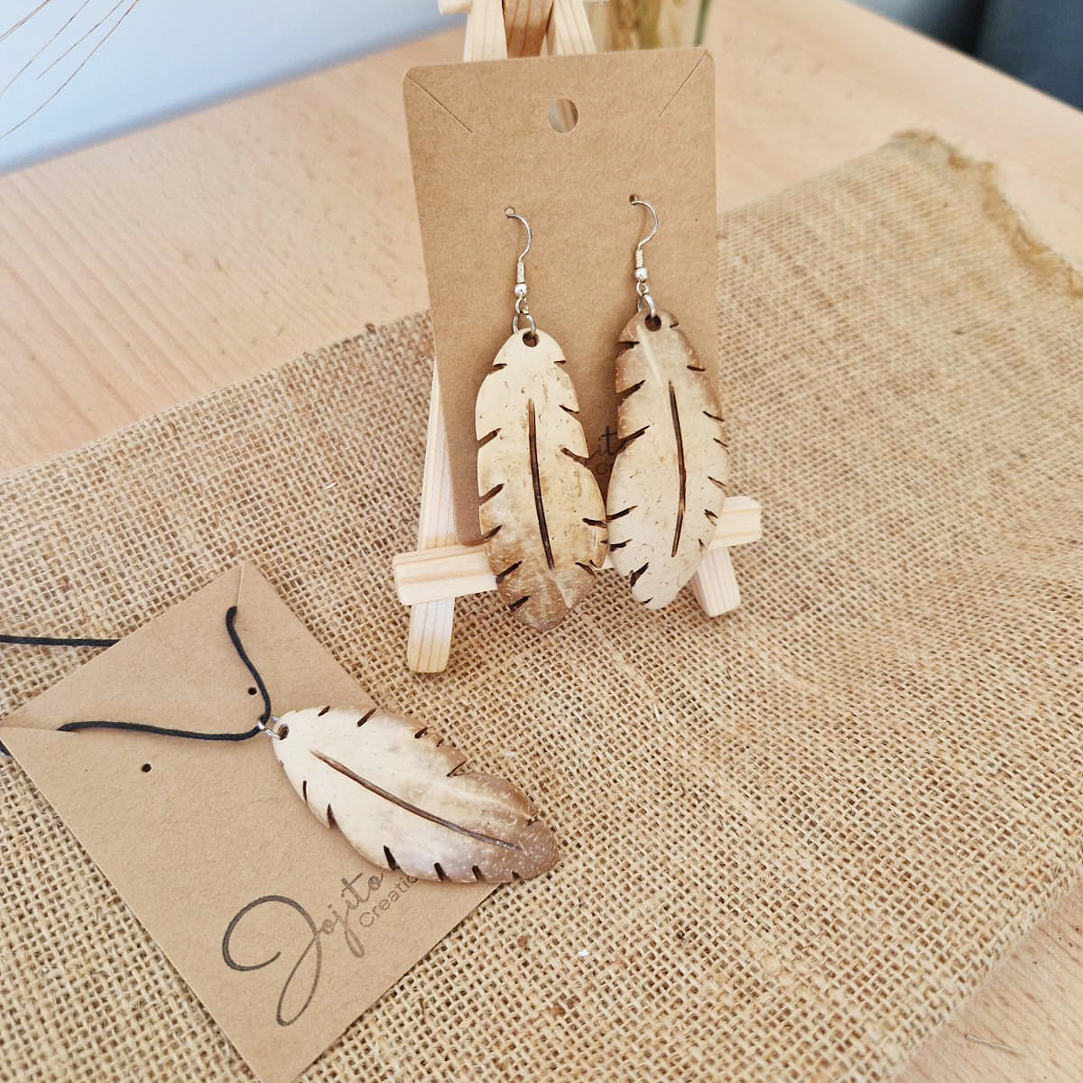 Coconut Shell White Coconut Young Coconut Shell Feather Earrings and Necklace