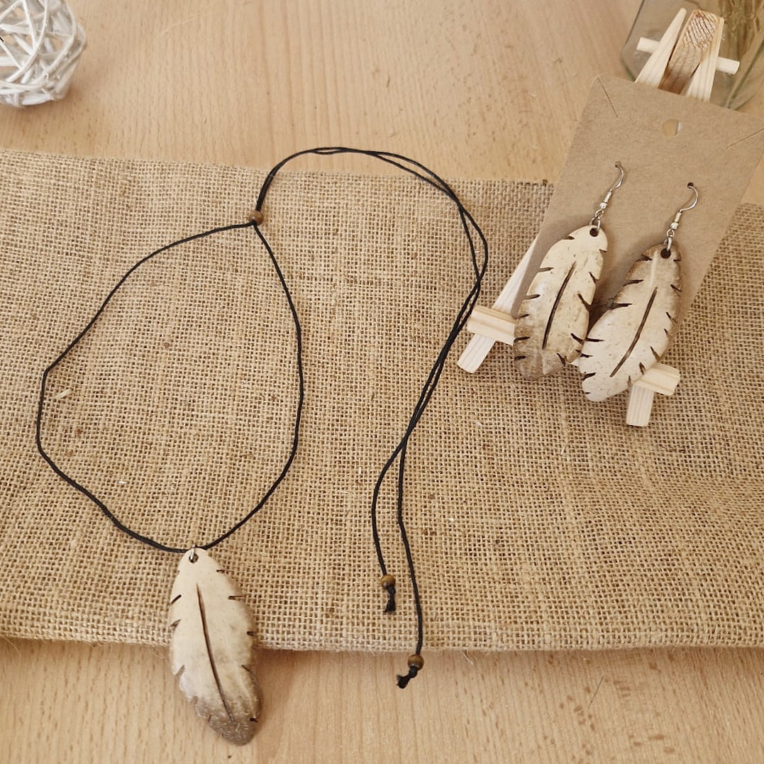 Coconut Shell White Coconut Young Coconut Shell Feather Earrings and Necklace