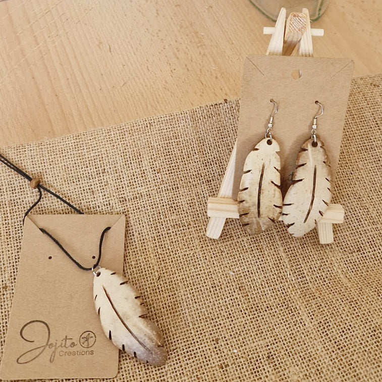 Coconut Shell White Coconut Young Coconut Shell Feather Earrings and Necklace