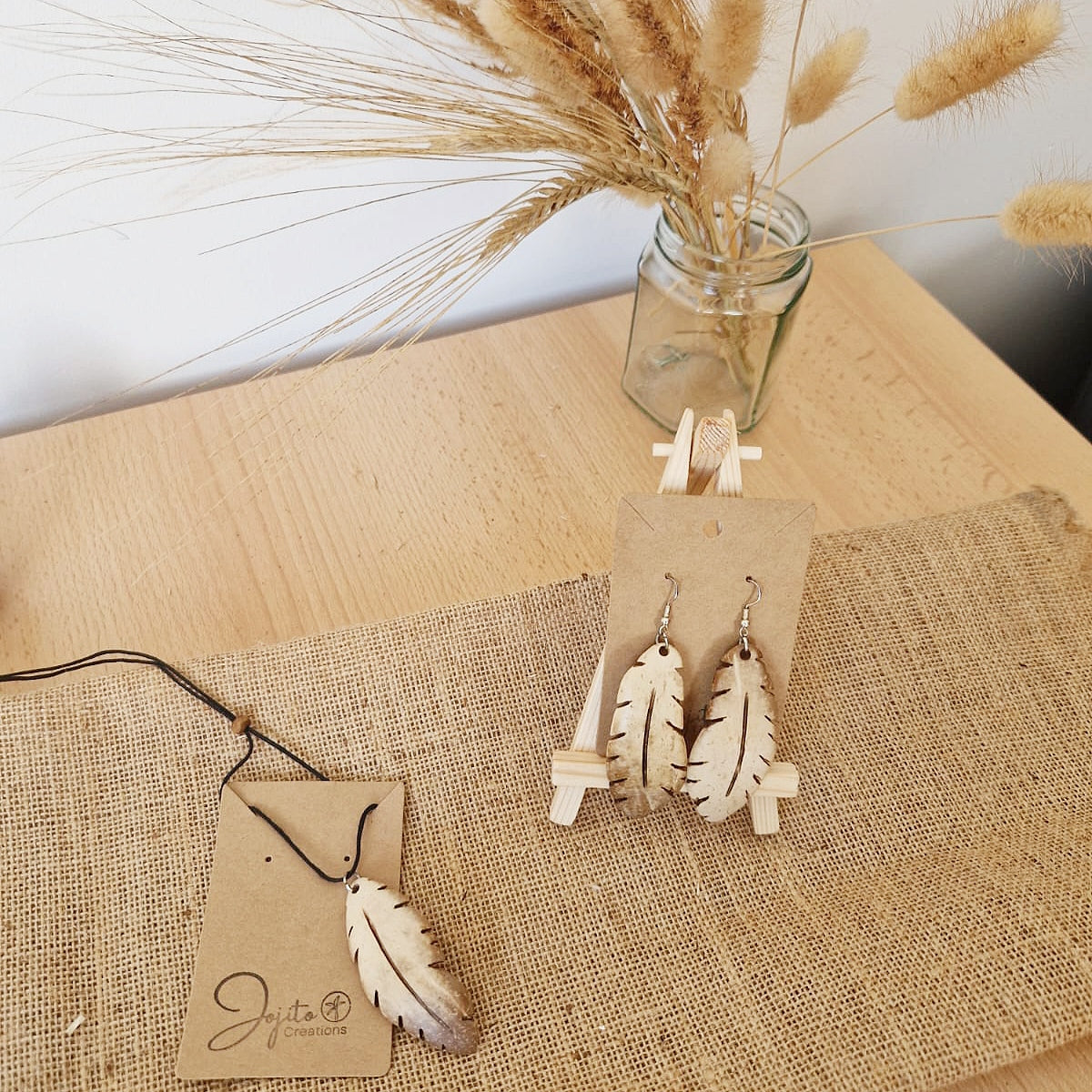 Coconut Shell White Coconut Young Coconut Shell Feather Earrings and Necklace