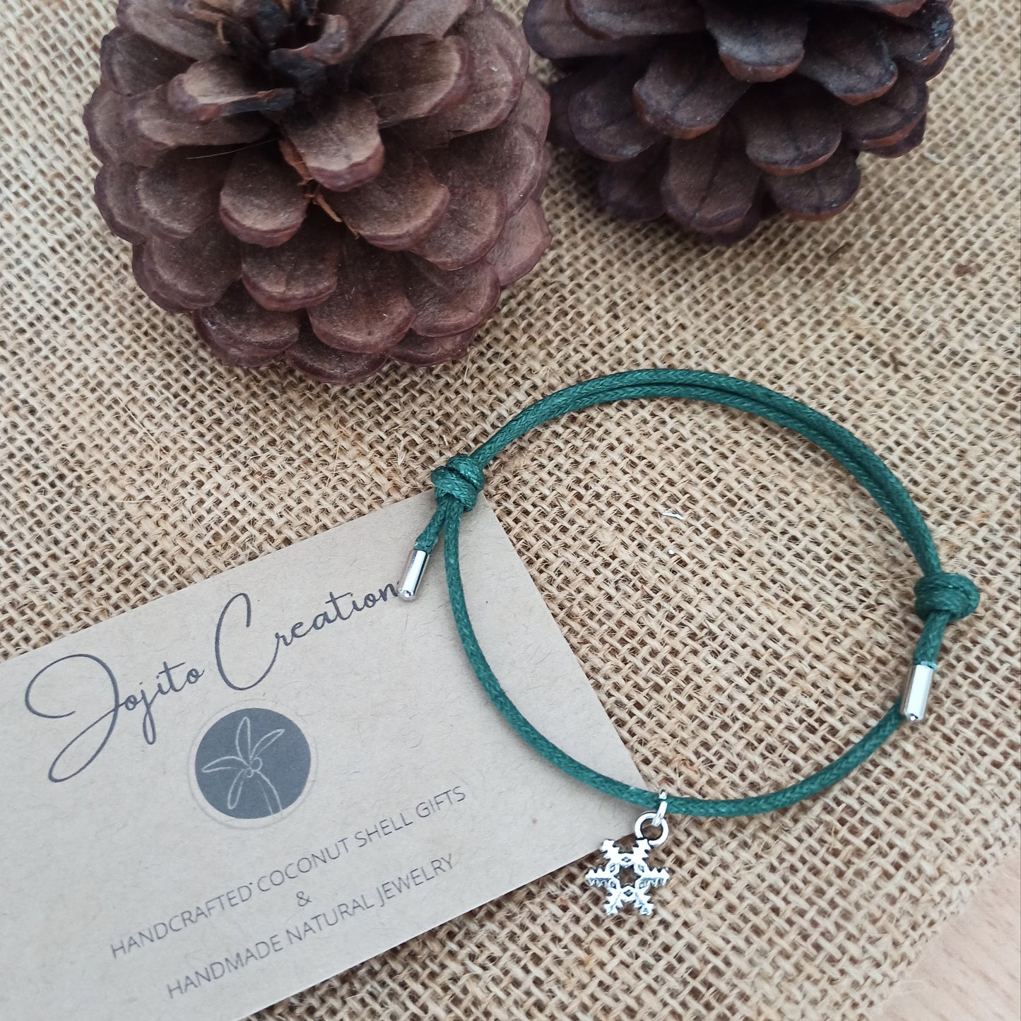 Silver Snowflake Charm Bracelet hung on cotton cord unisex adjustable charm bracelets