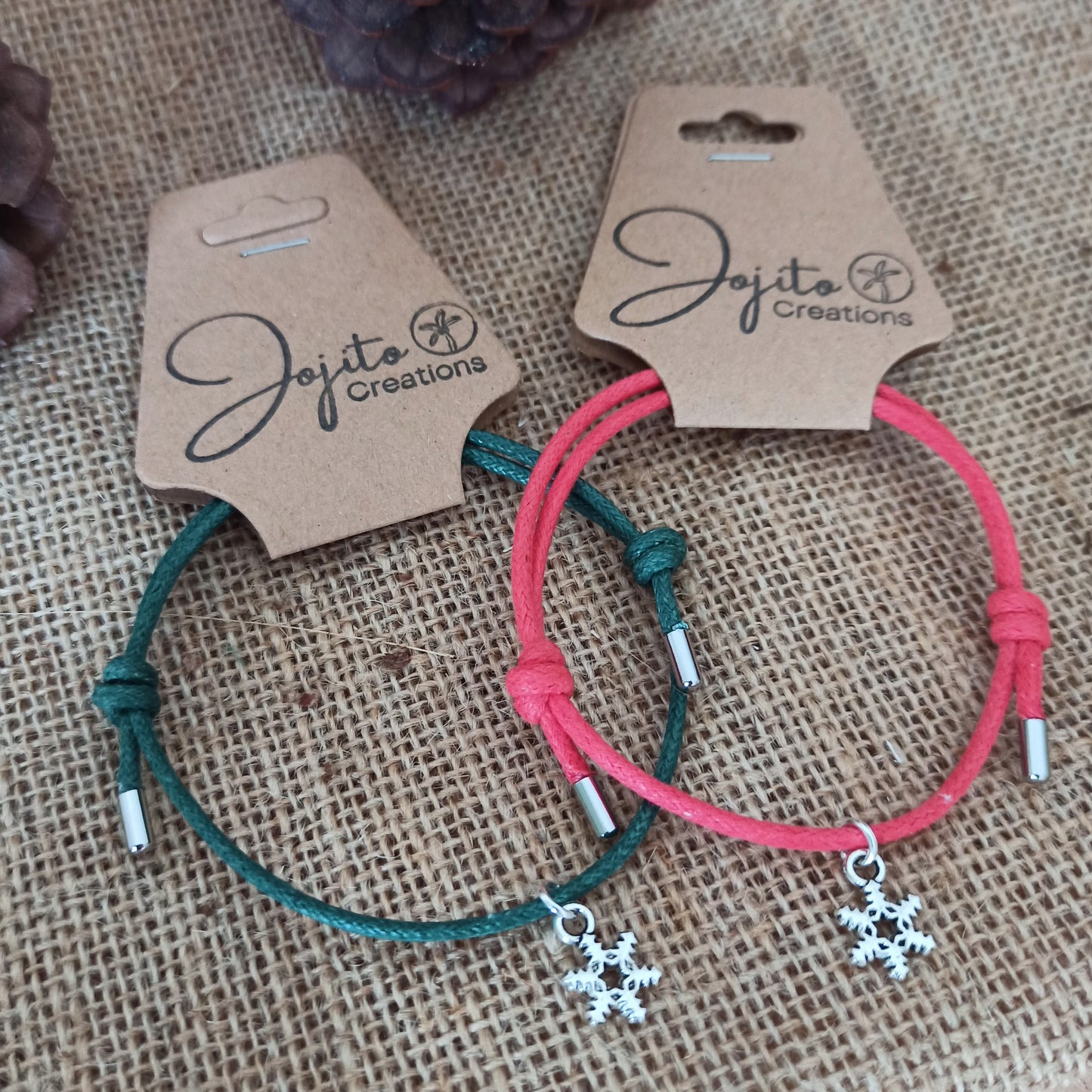 Silver Snowflake Charm Bracelet hung on cotton cord unisex adjustable charm bracelets