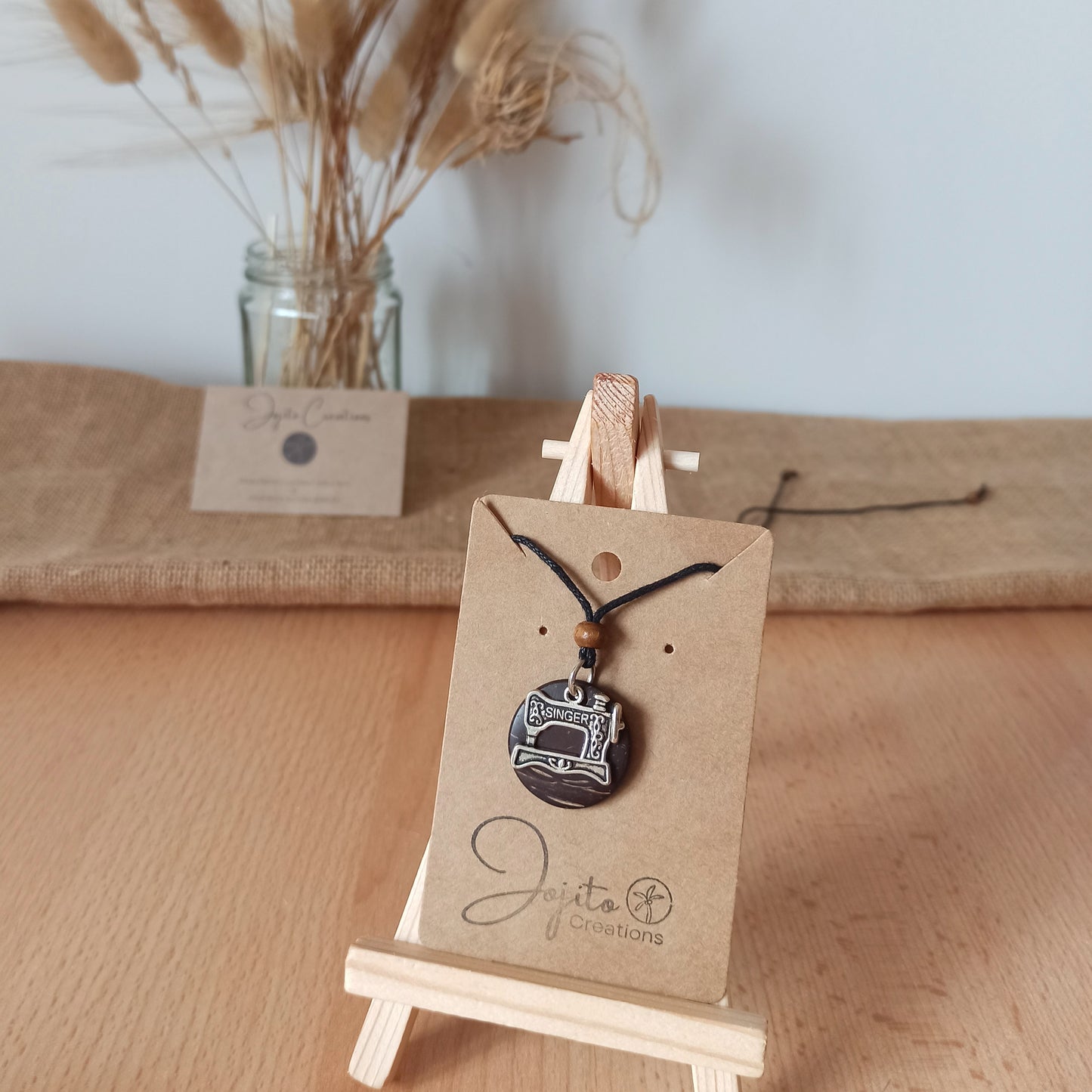 Coconut Shell Eco Friendly Jewellery, silver Singer Sewing Machine Pendant charm