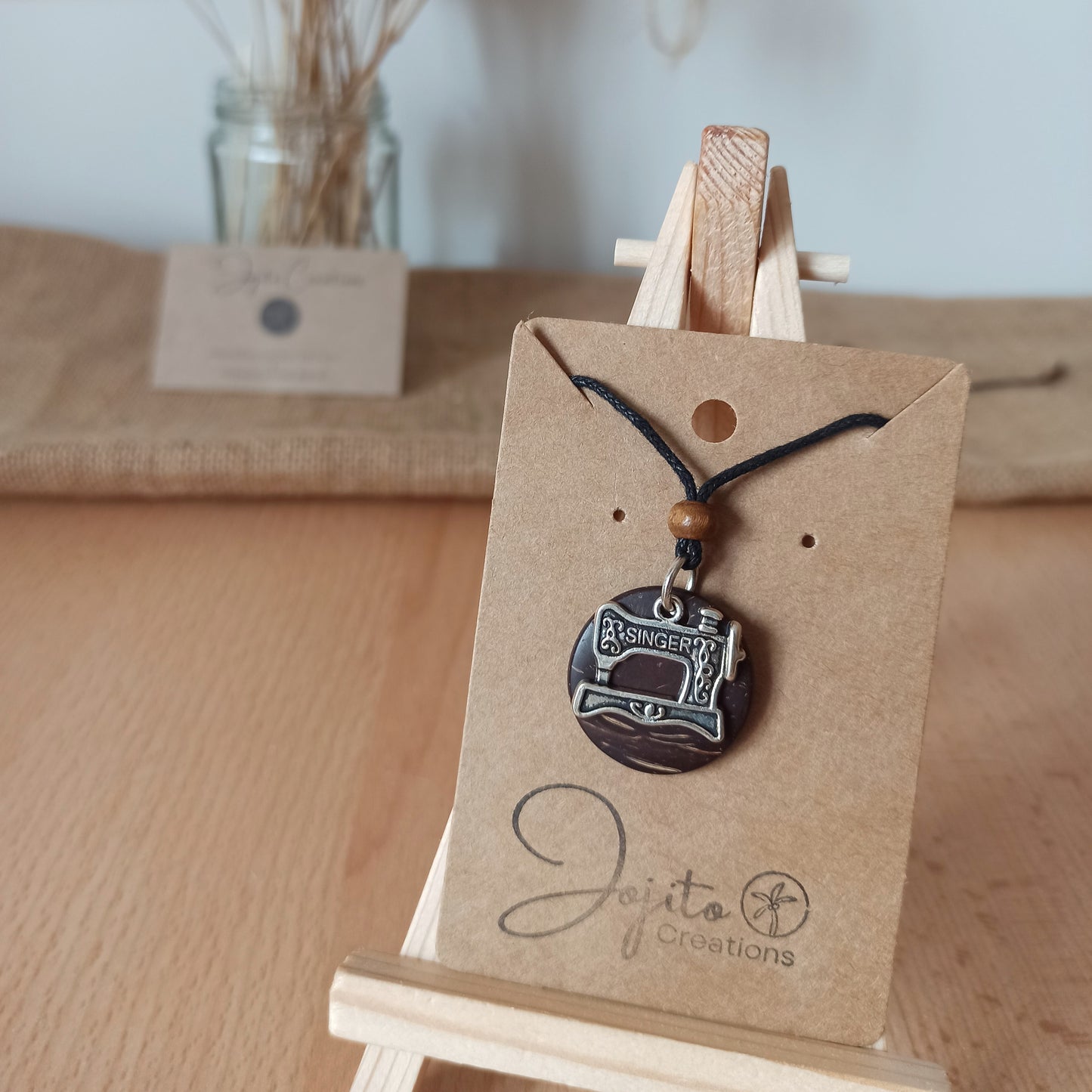 Coconut Shell Eco Friendly Jewellery, silver Singer Sewing Machine Pendant charm