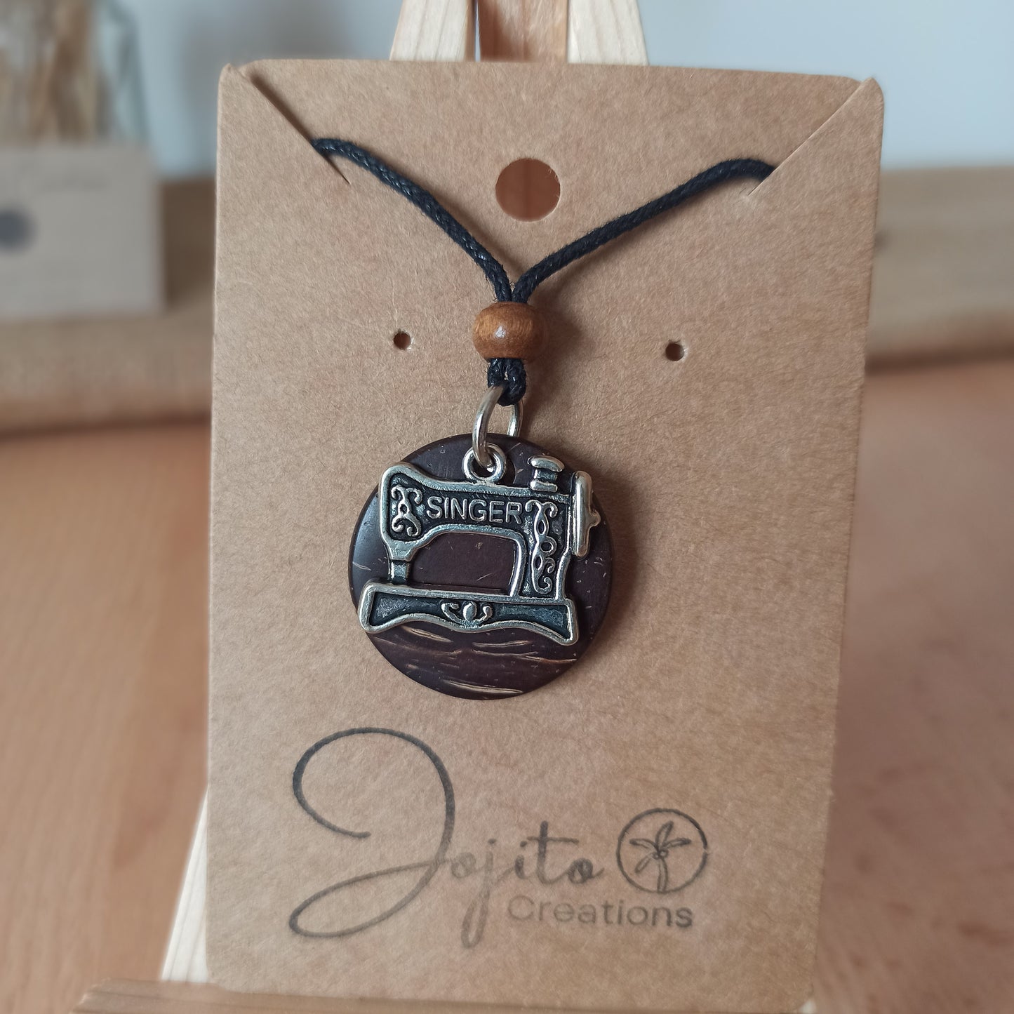 Coconut Shell Eco Friendly Jewellery, silver Singer Machine Pendant charm