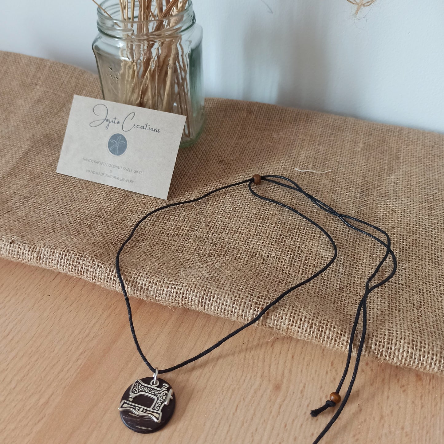 Coconut Shell Eco Friendly Jewellery, silver Singer Sewing Machine Pendant charm