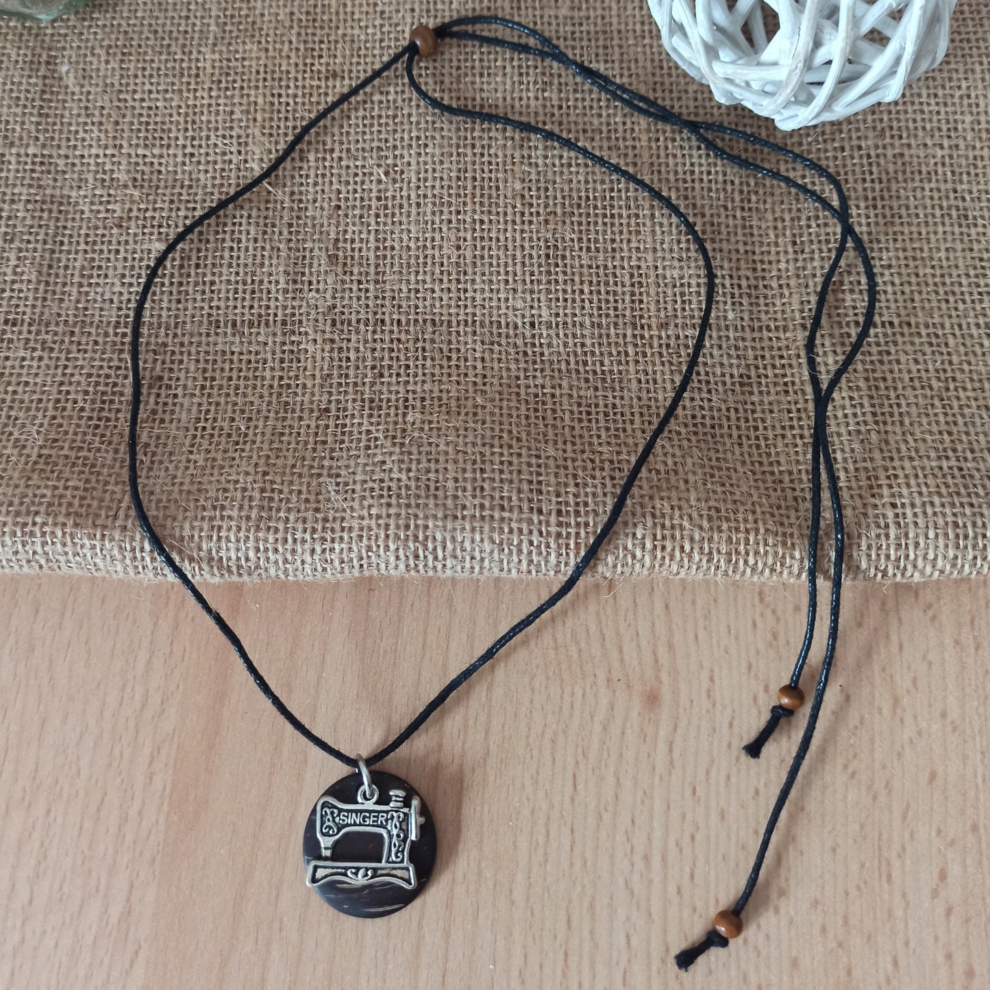 Coconut Shell Eco Friendly Jewellery, silver Singer Sewing Machine Pendant charm