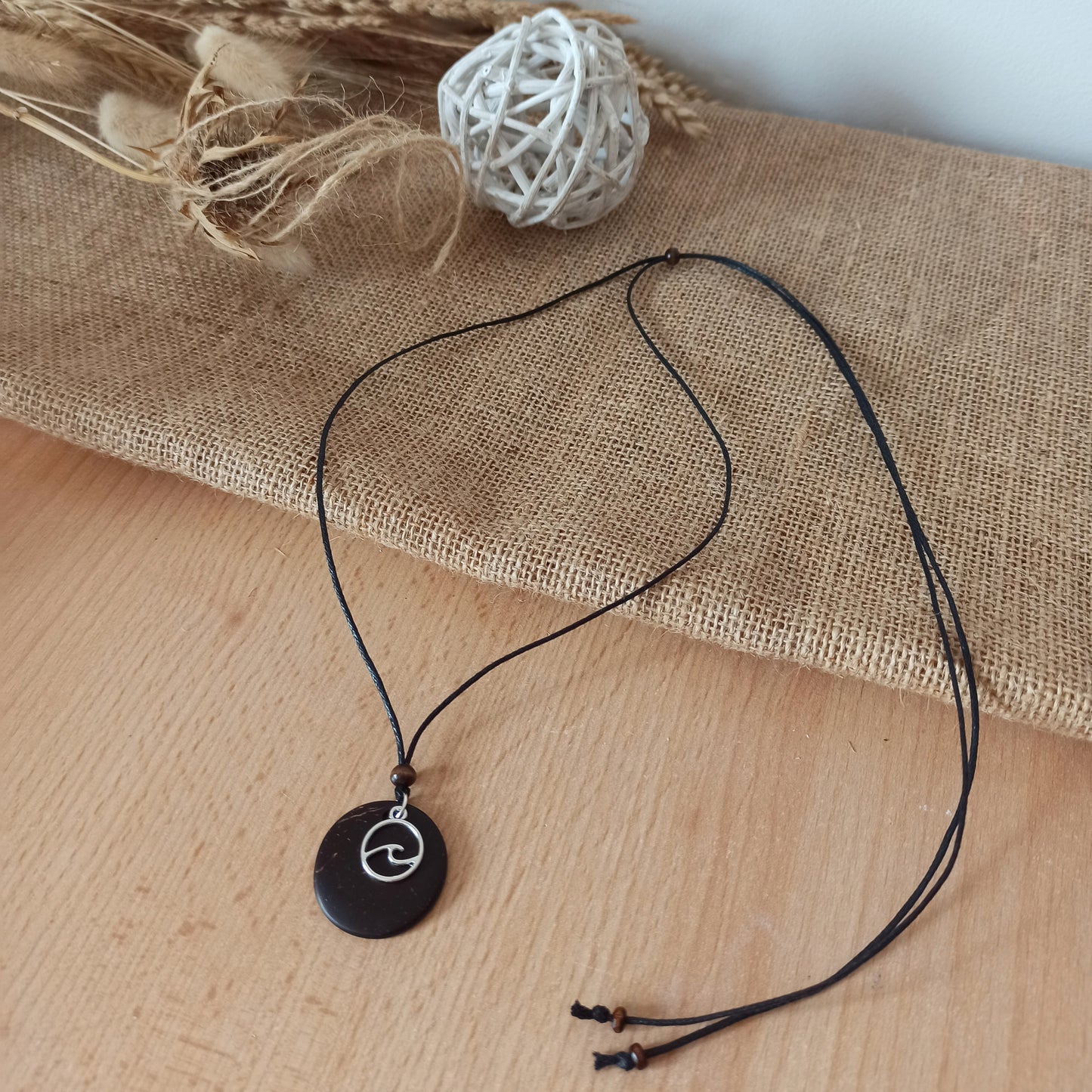 Coconut Shell Eco Friendly Jewellery, silver wave Pendant charm