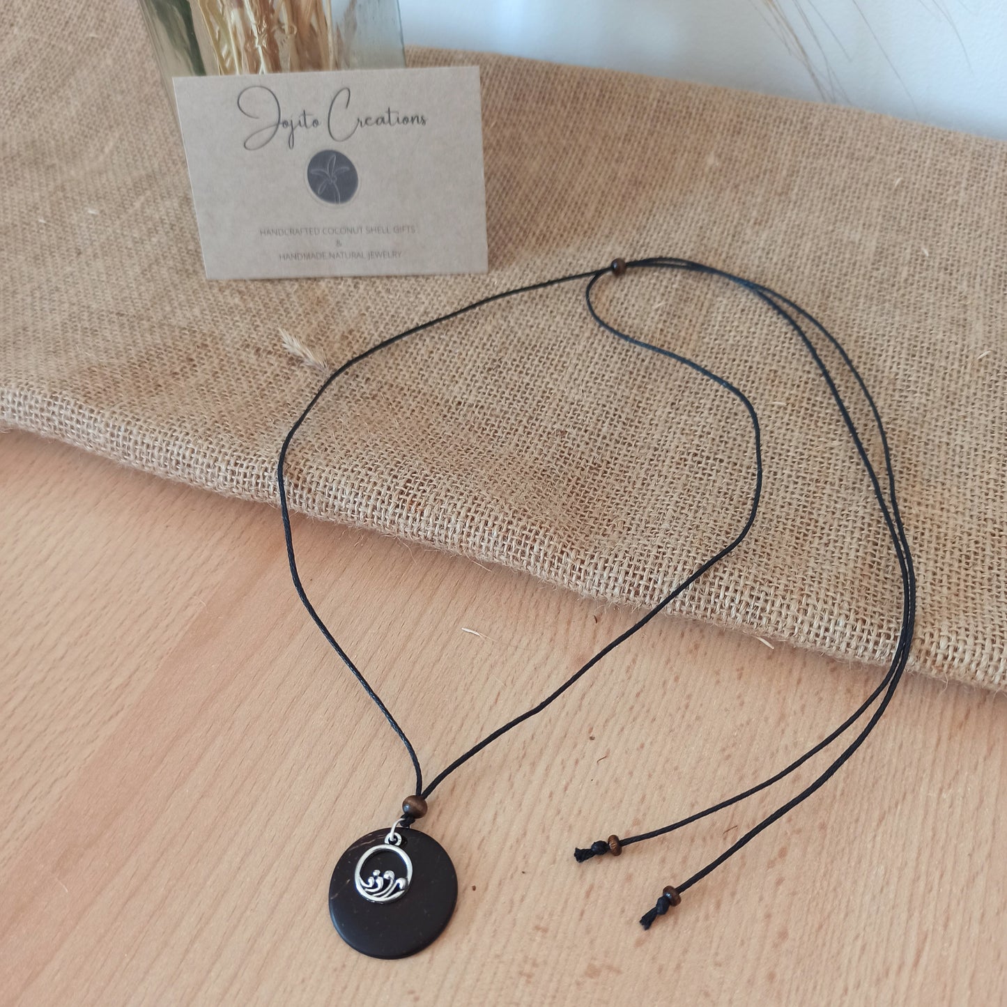 Coconut Shell with mountain silver charm pendant necklace, Eco Friendly Jewellery