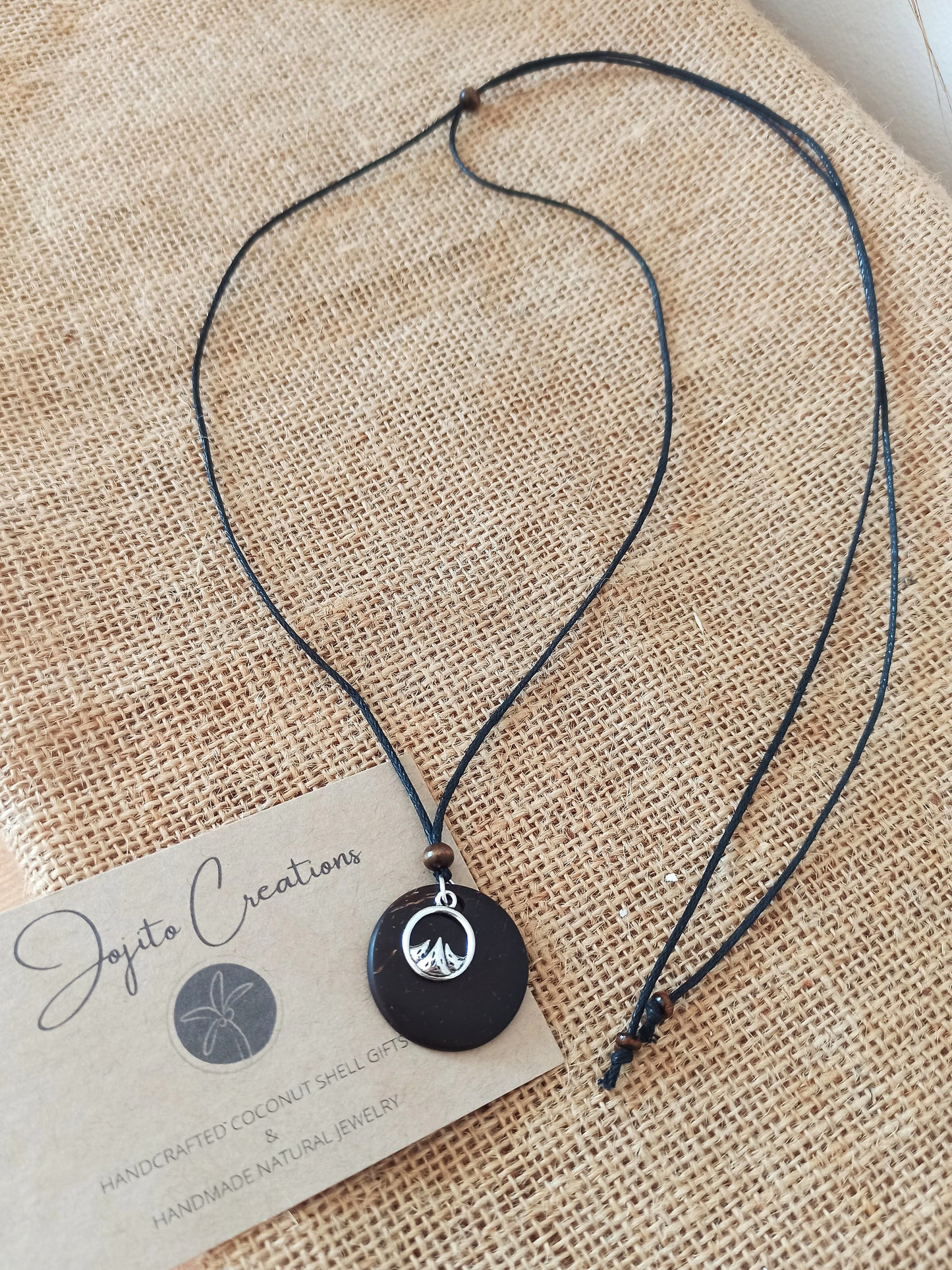 Coconut Shell with mountain silver charm pendant necklace, Eco Friendly Jewellery