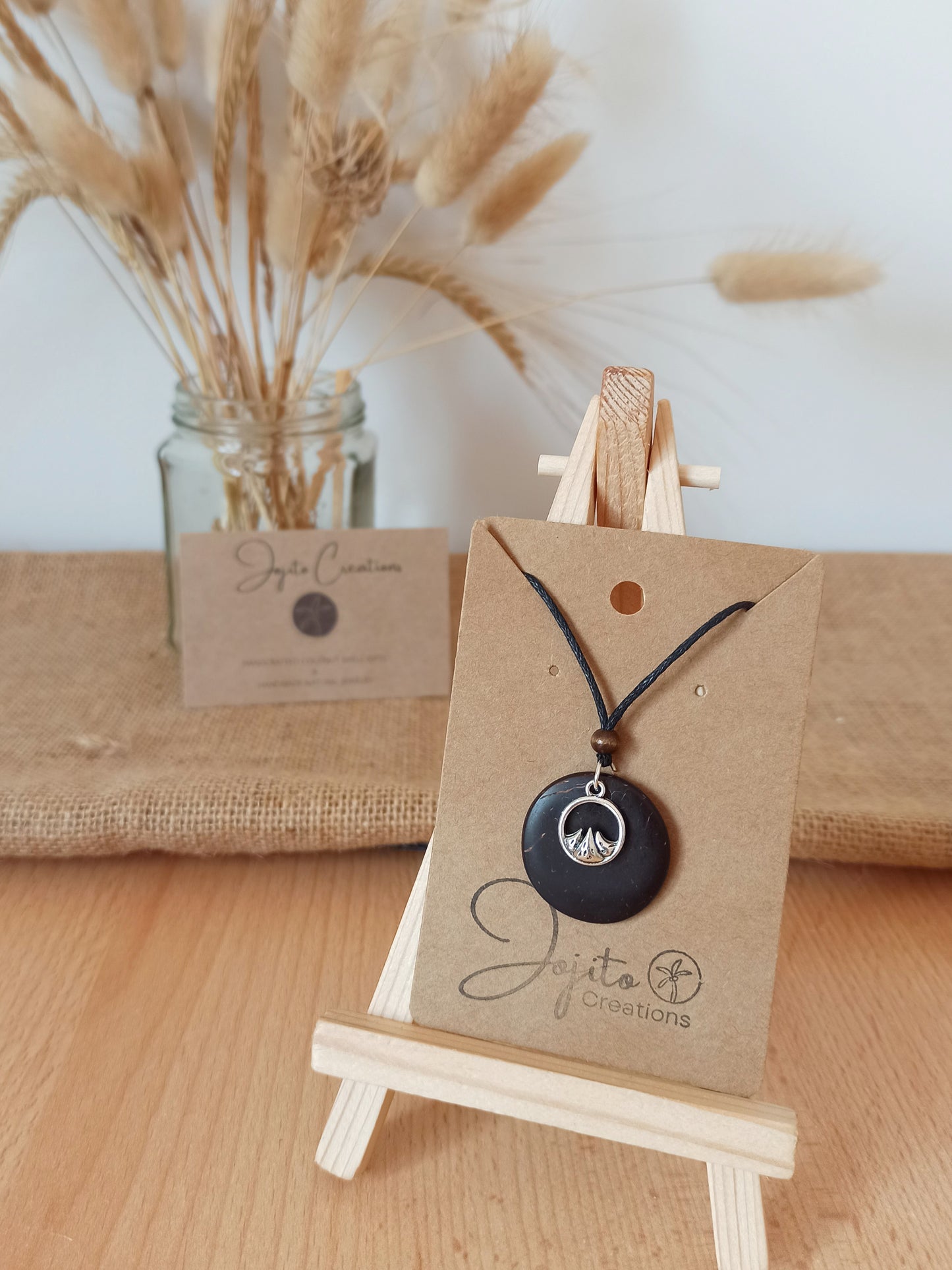 Coconut Shell with mountain silver charm pendant necklace, Eco Friendly Jewellery