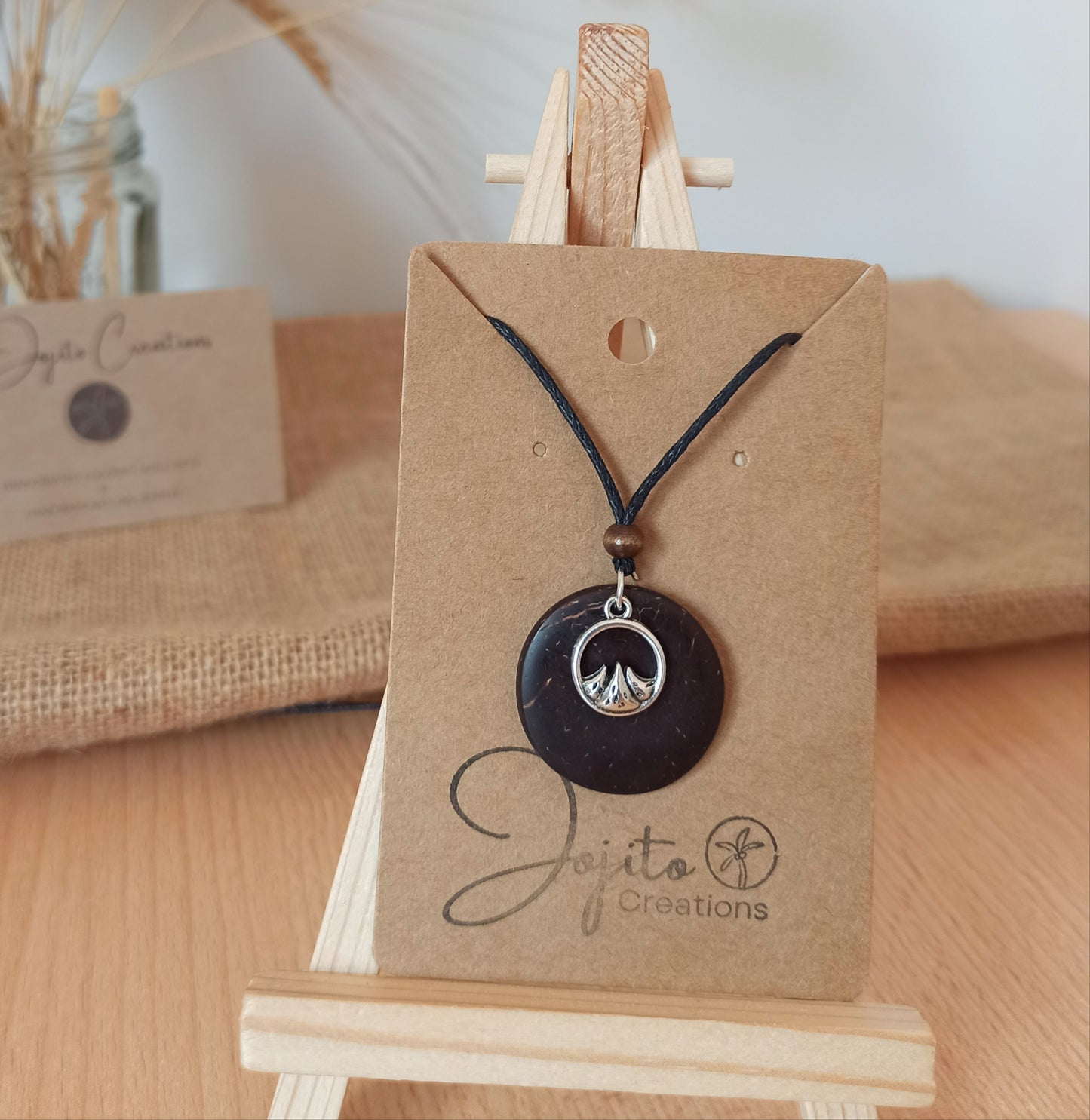 Coconut Shell with mountain silver charm pendant necklace, Eco Friendly Jewellery