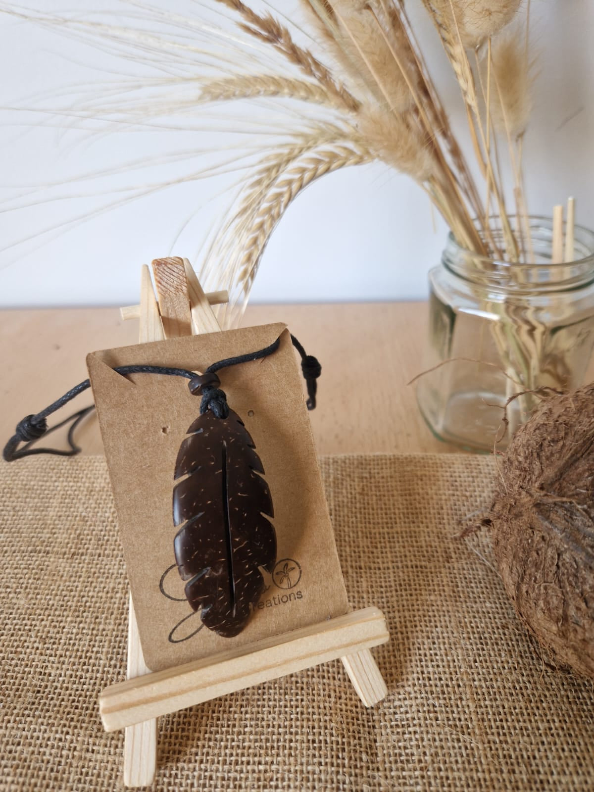Coconut Shell Feather Pendant, Eco Friendly Jewellery, Unisex Pendant