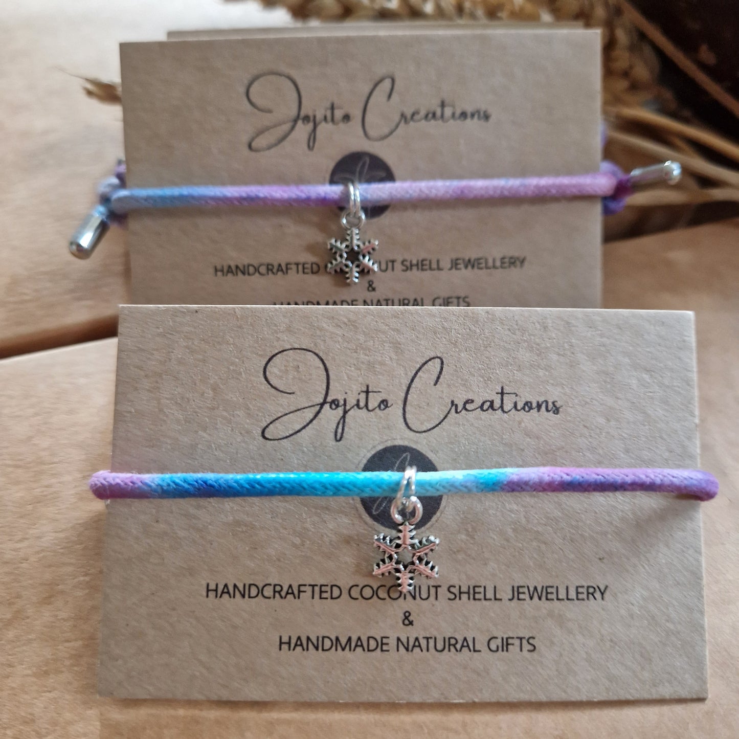 Tie Dye 3mm Waxed Cotton Cord Bracelets, Stocking Fillers, Charmed Bracelets Sun Moon Stars, Snowflakes