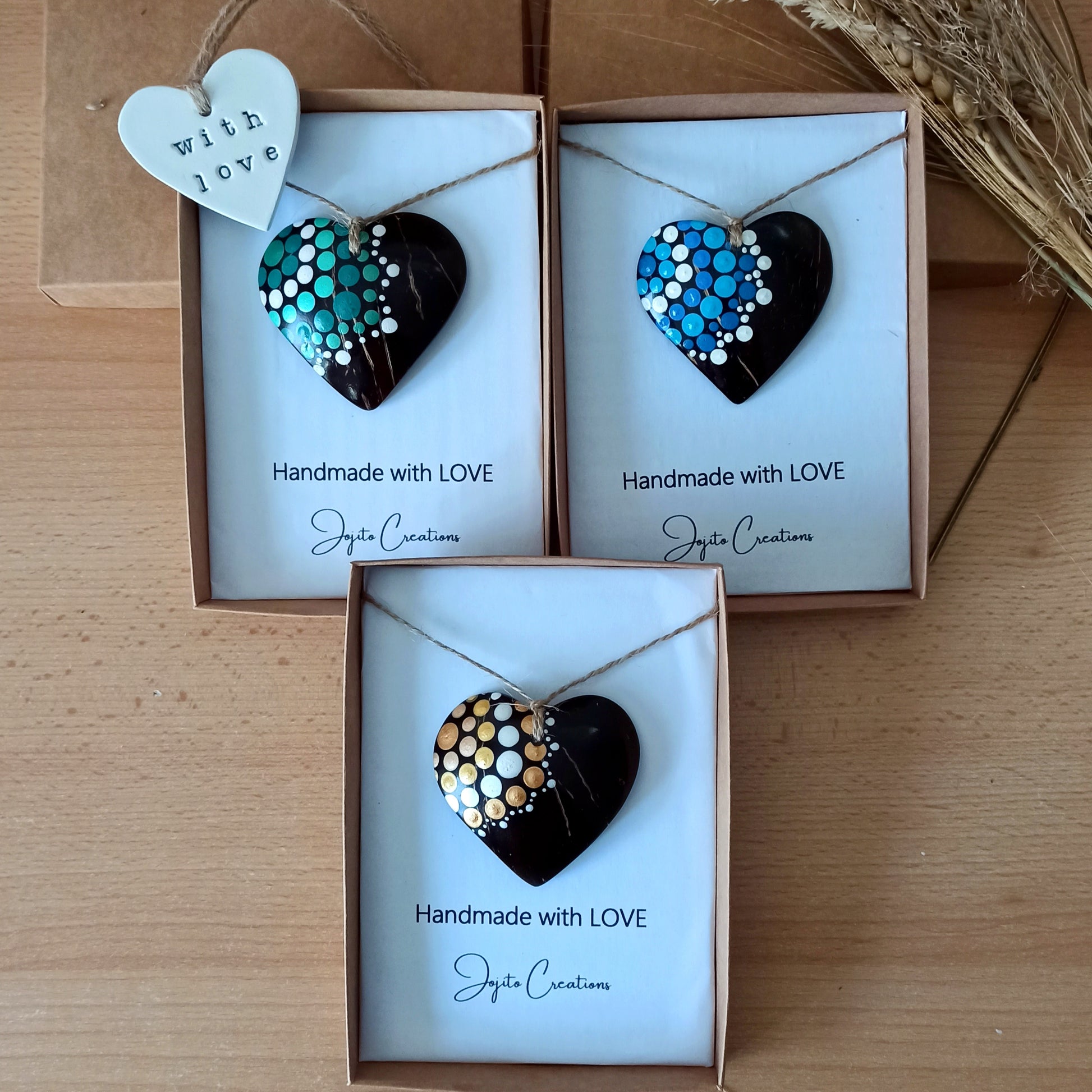 Coconut Shell Hearts Made with Love, Green, Gold and Blue Natural Heart decorations