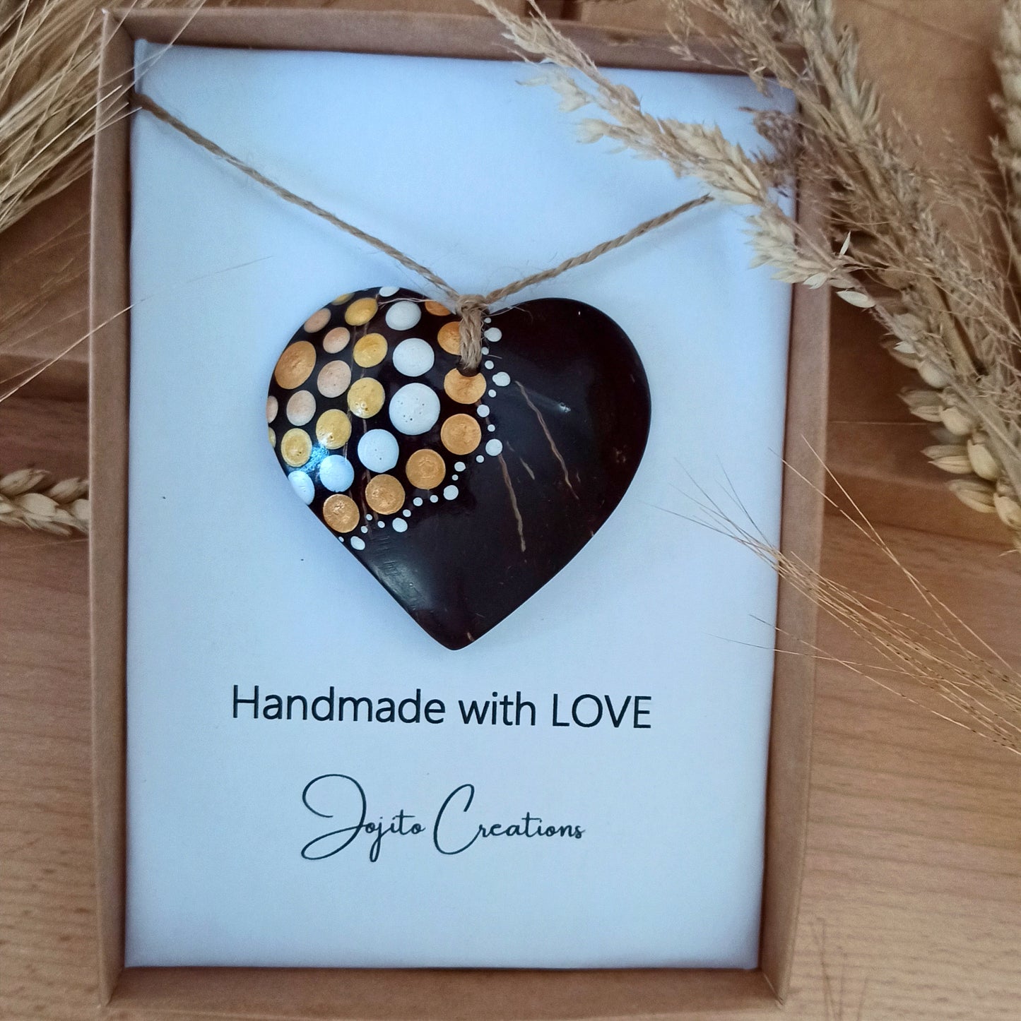 Coconut Shell Hearts Made with Love, Gold  Natural Heart decorations